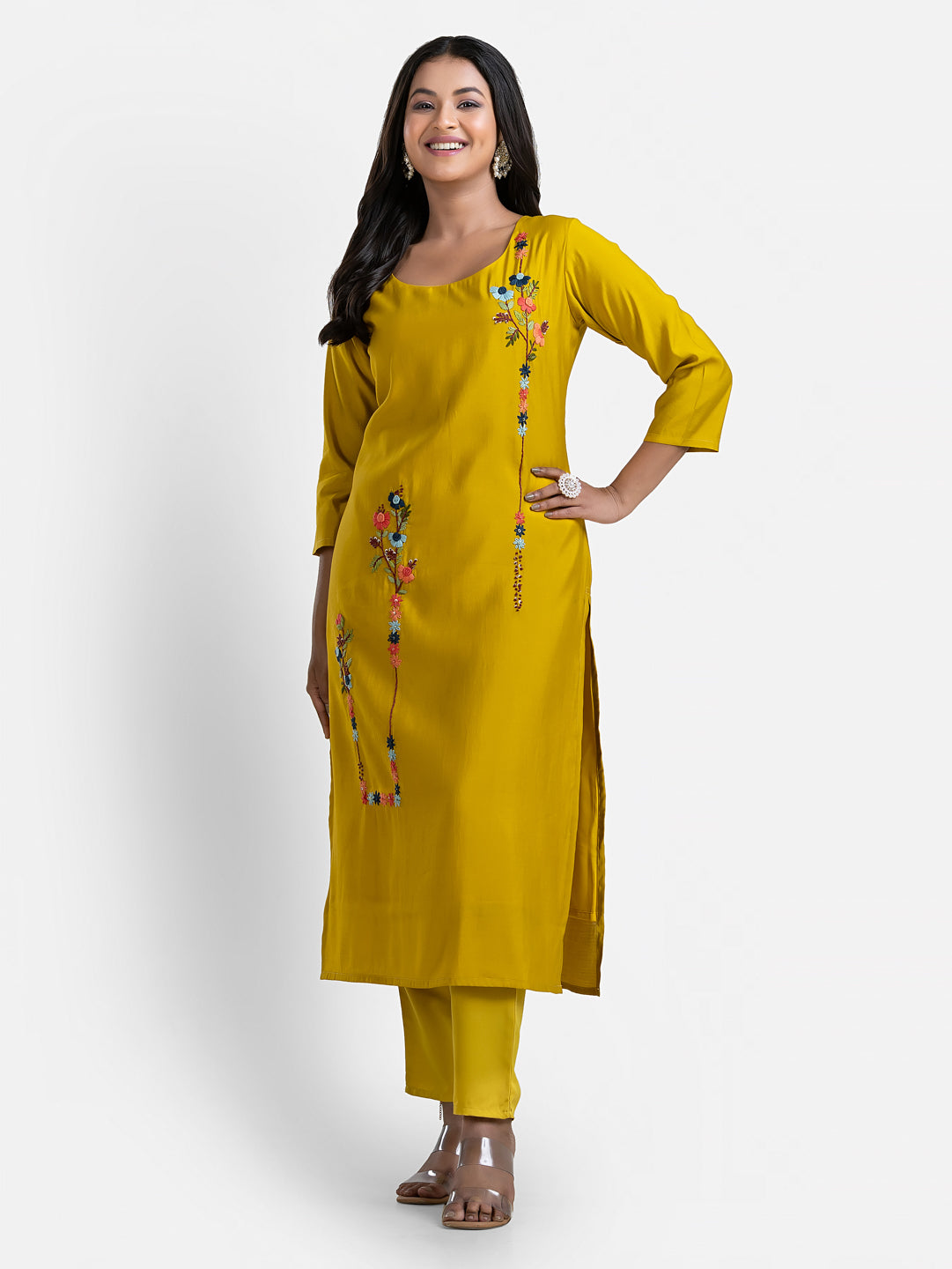Women's 3/4 th sleeves Minimalistic Bloom Yellow Kurti