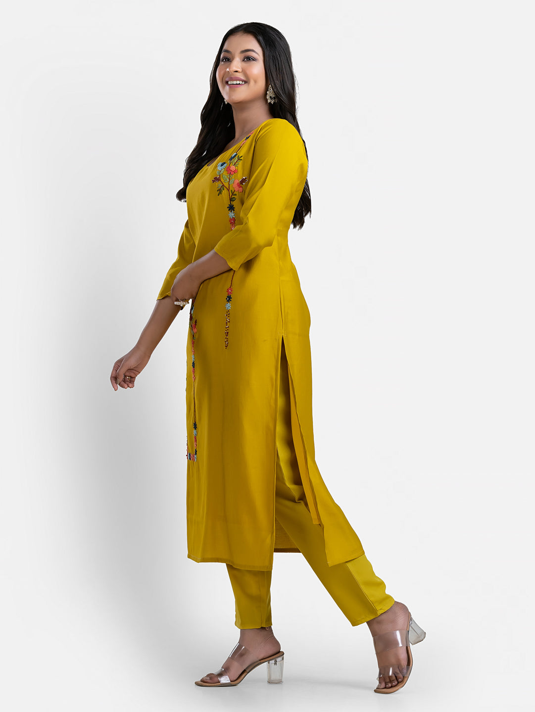 Women's 3/4 th sleeves Minimalistic Bloom Yellow Kurti