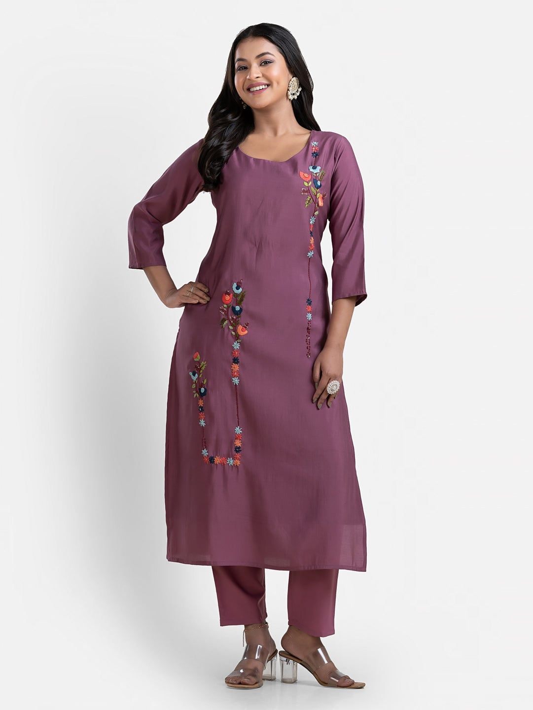 Women's 3/4 th sleeves Minimalistic Bloom Purple Kurti