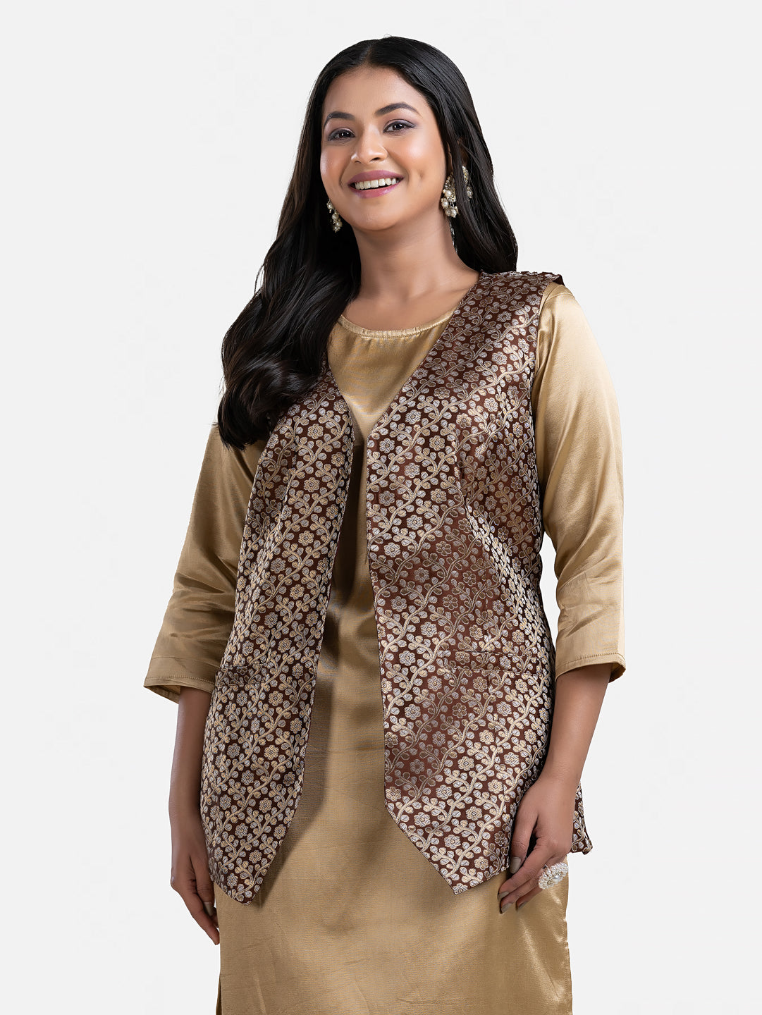 Women's brown sleeveless brocade jacket by Crazy Needle Online, featuring intricate woven fabric and stylish design.