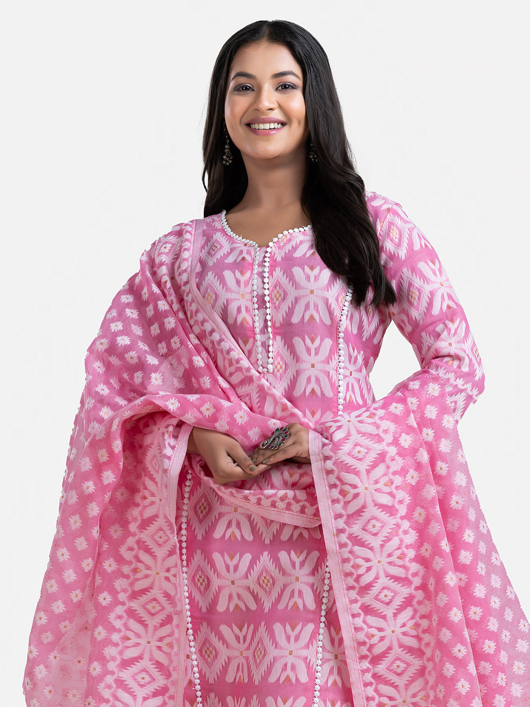 Women's pink Jamdani print kurti with matching dupatta, casual Indian ethnic wear by Crazy Needle Online.