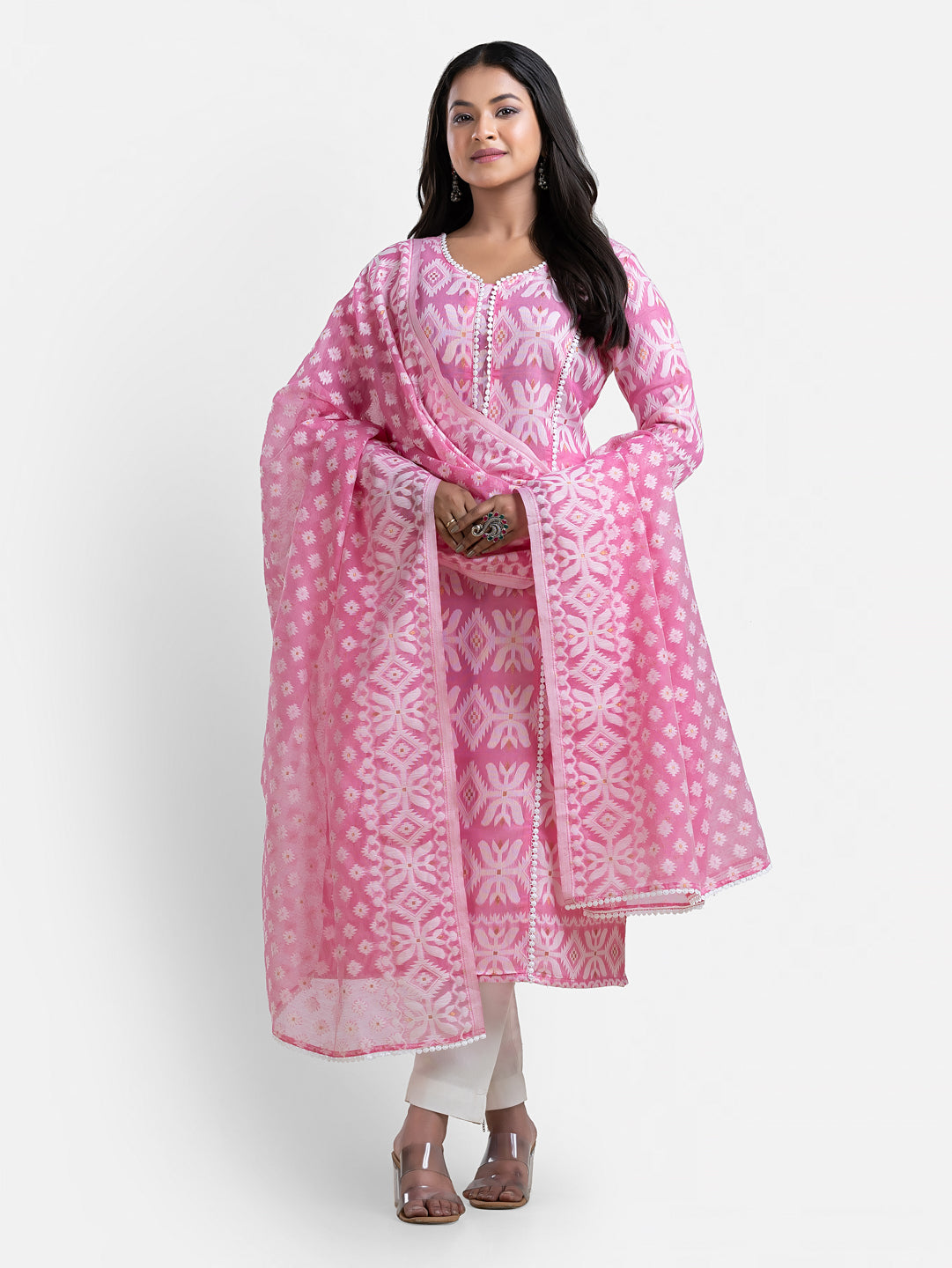 Pink Jamdani print women's kurti with matching dupatta, traditional Indian attire from Crazy Needle Online.