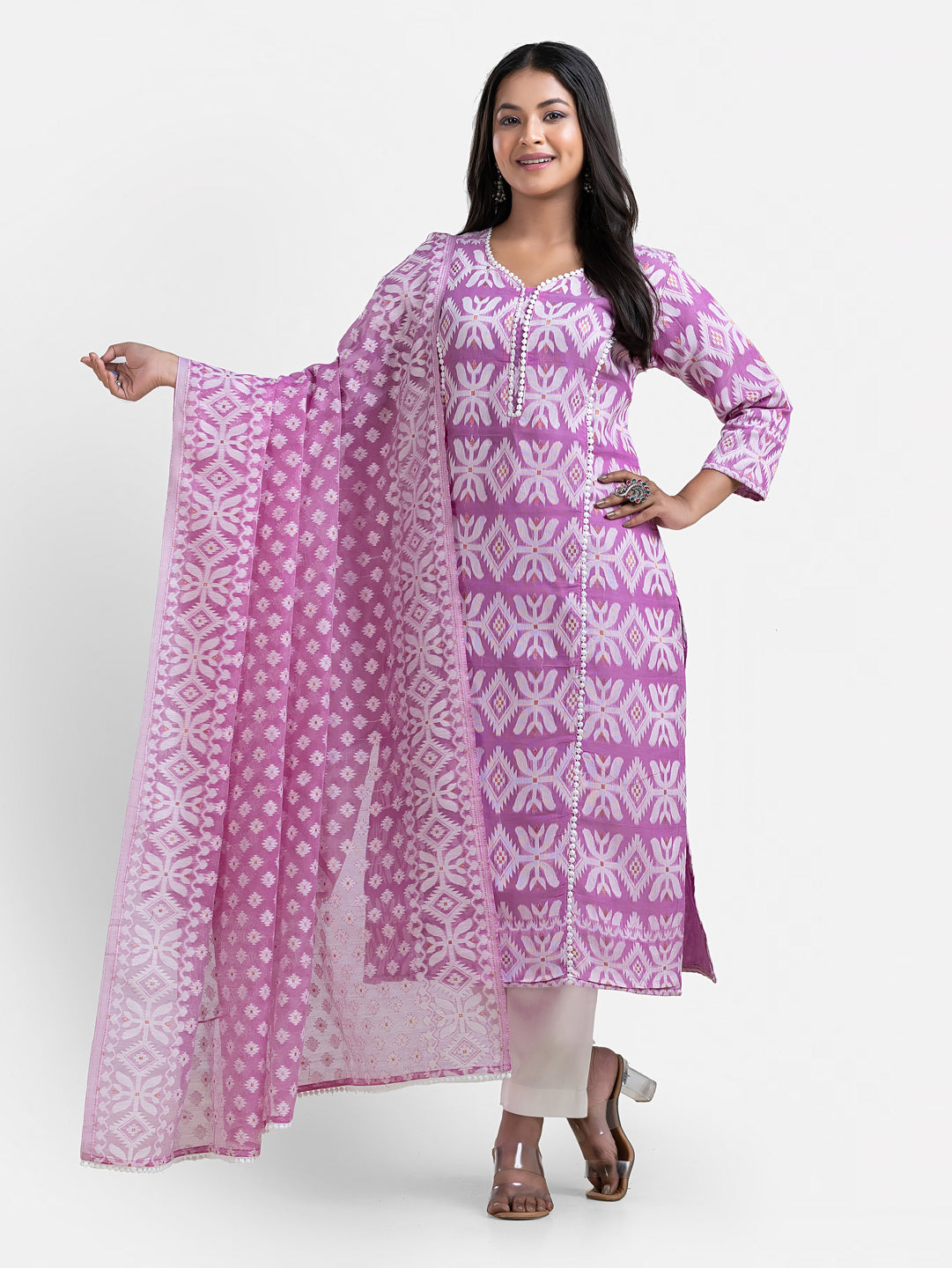 Women's purple Jamdani print kurti with matching dupatta, casual traditional Indian attire by Crazy Needle Online.