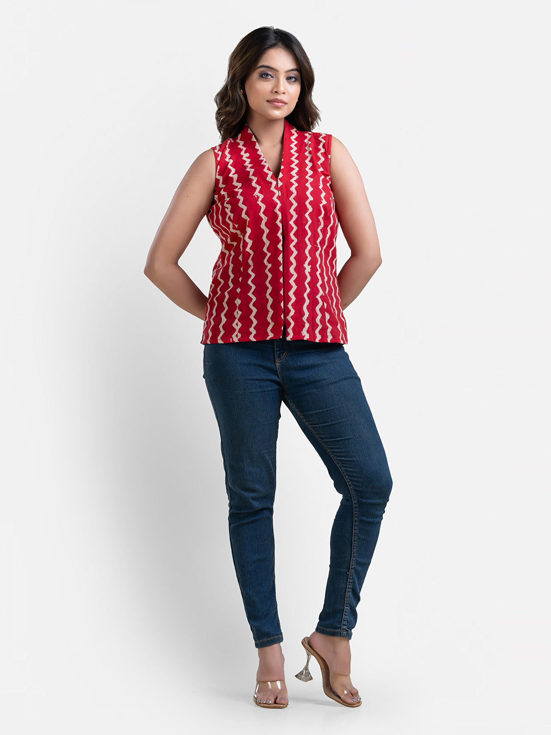 Women's V Neck Sleeveless Red Cotton Top