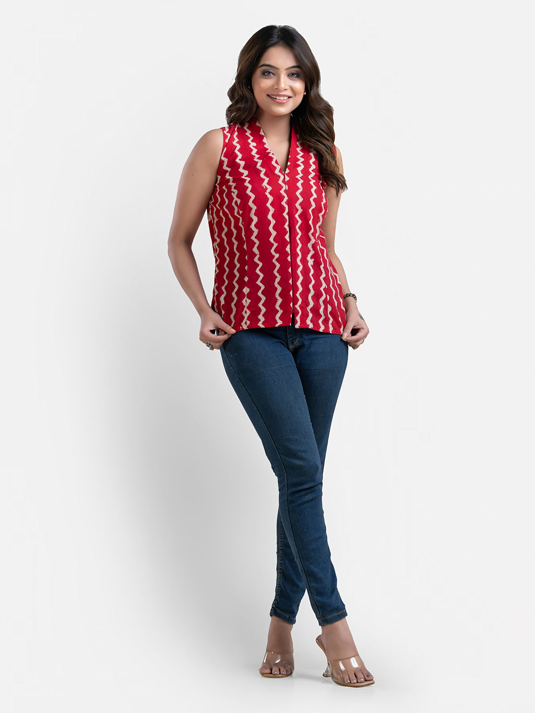 Women's V Neck Sleeveless Red Cotton Top