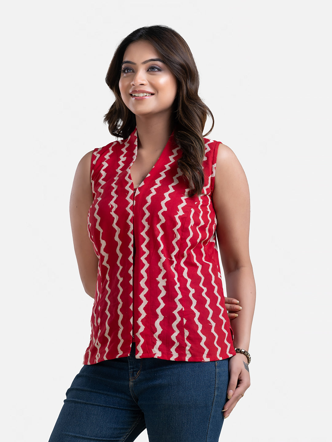 Women's V Neck Sleeveless Red Cotton Top