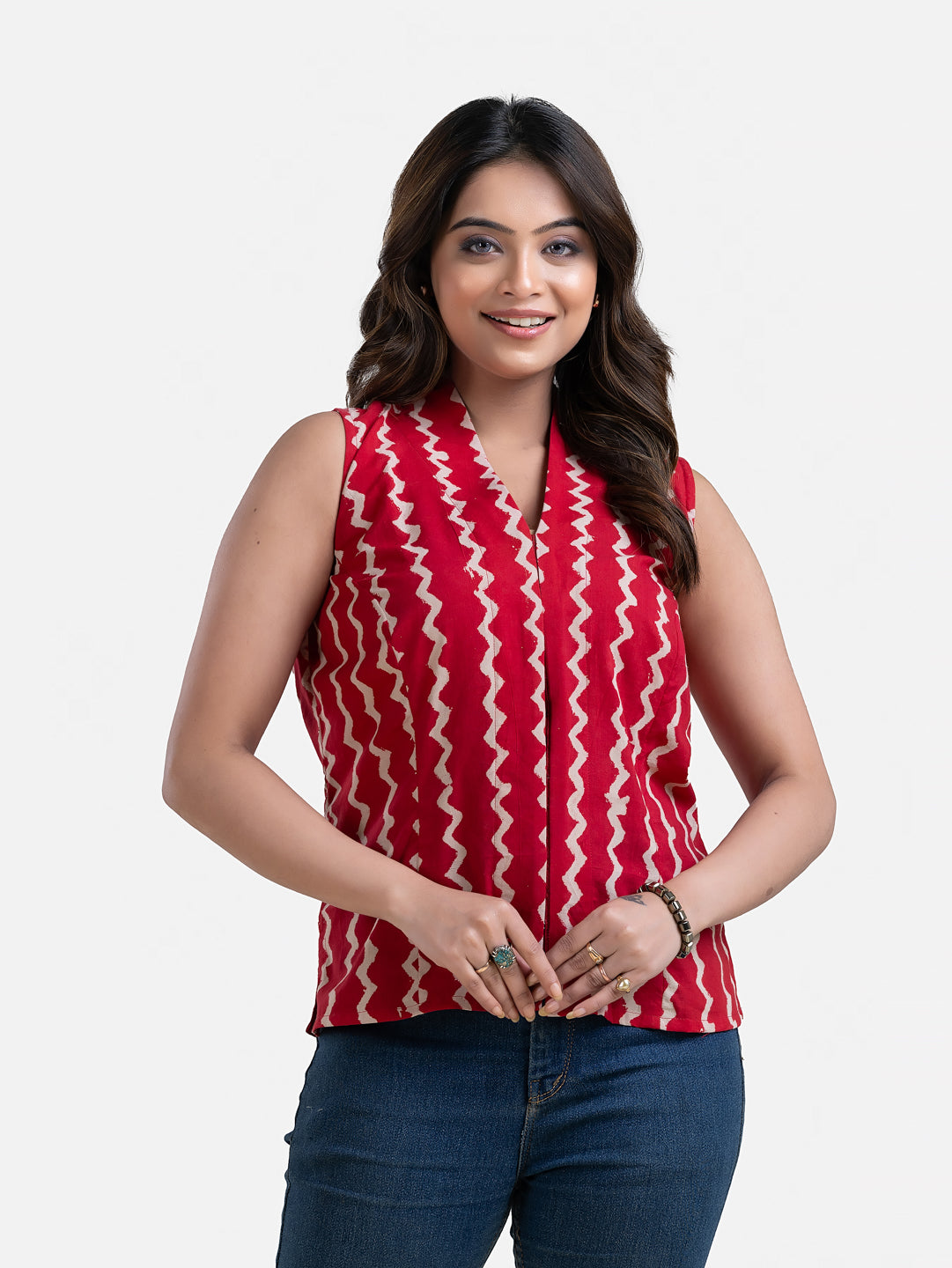 Women's V Neck Sleeveless Red Cotton Top