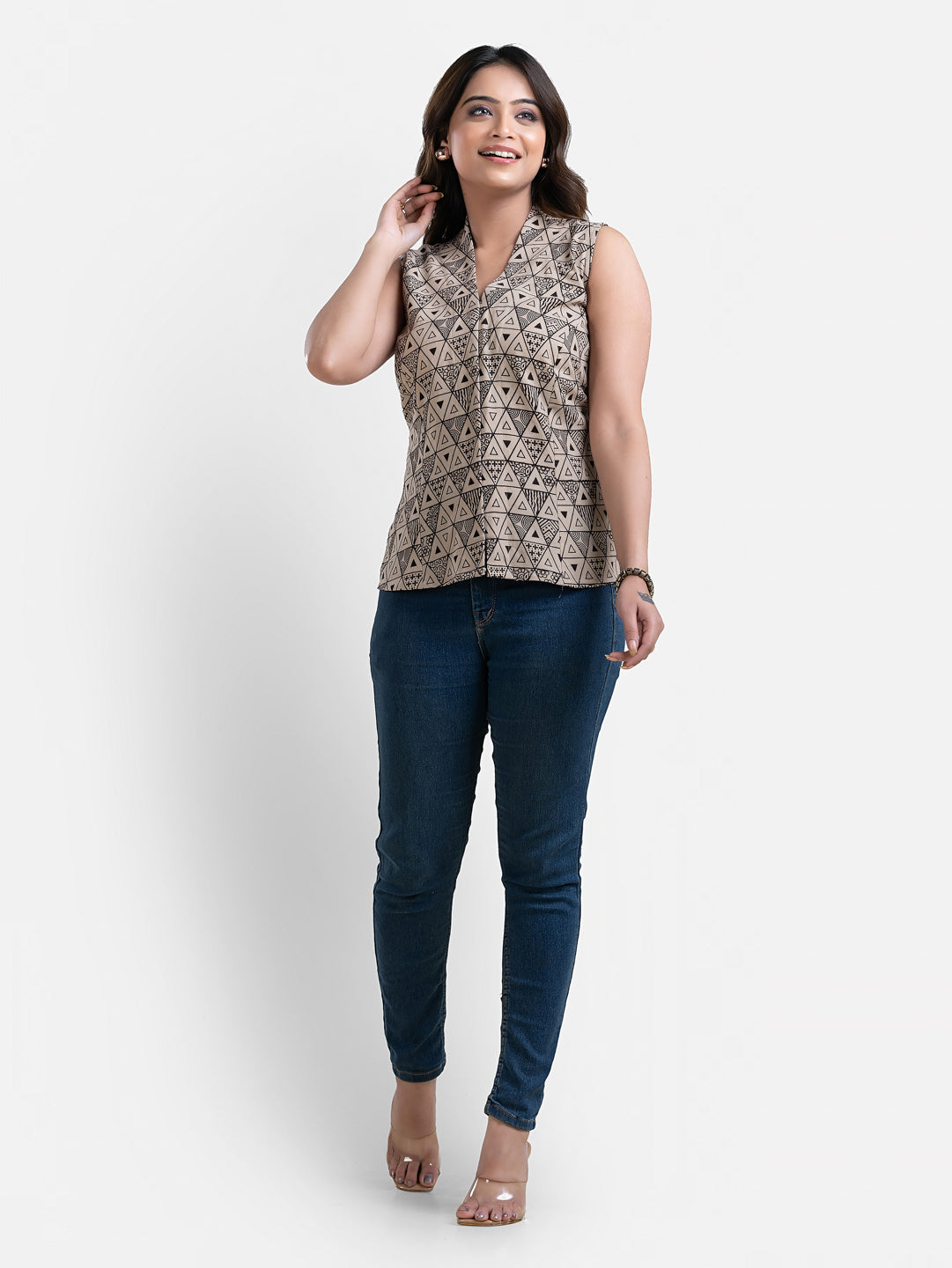 Women's V Neck Sleeveless Off White Cotton Top