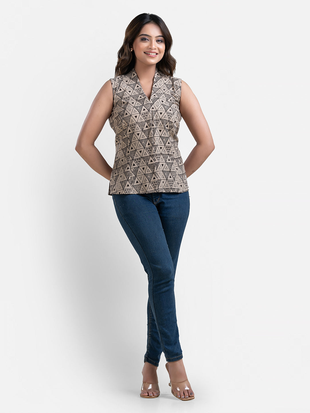 Women's V Neck Sleeveless Off White Cotton Top