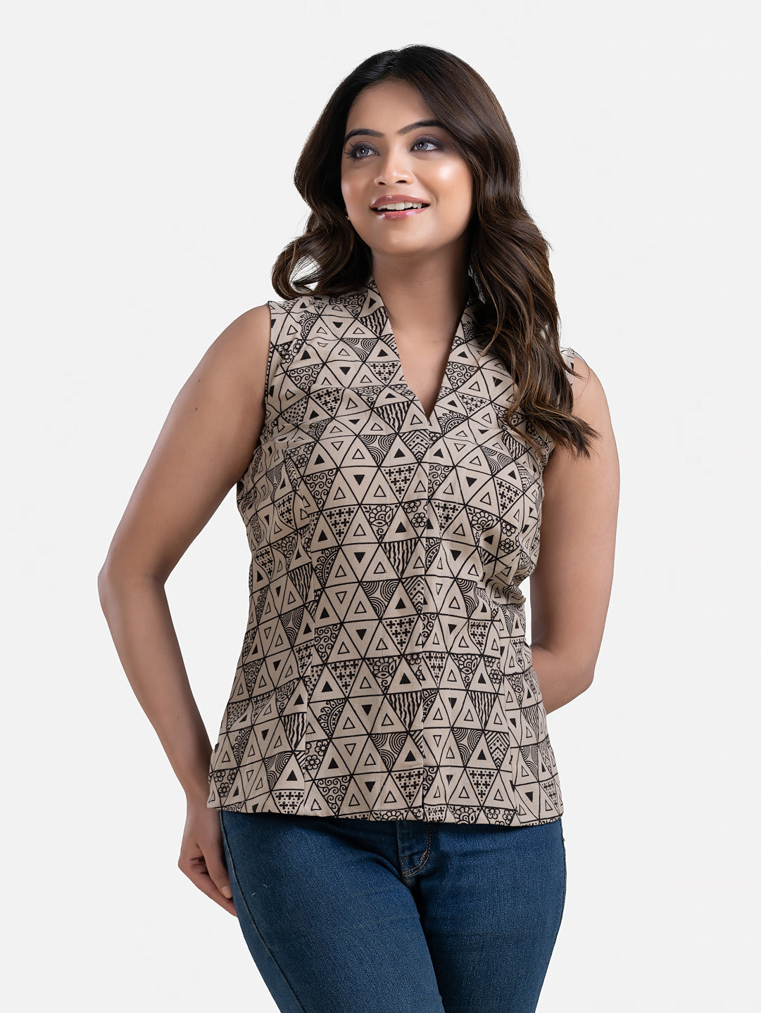 Women's V Neck Sleeveless Off White Cotton Top