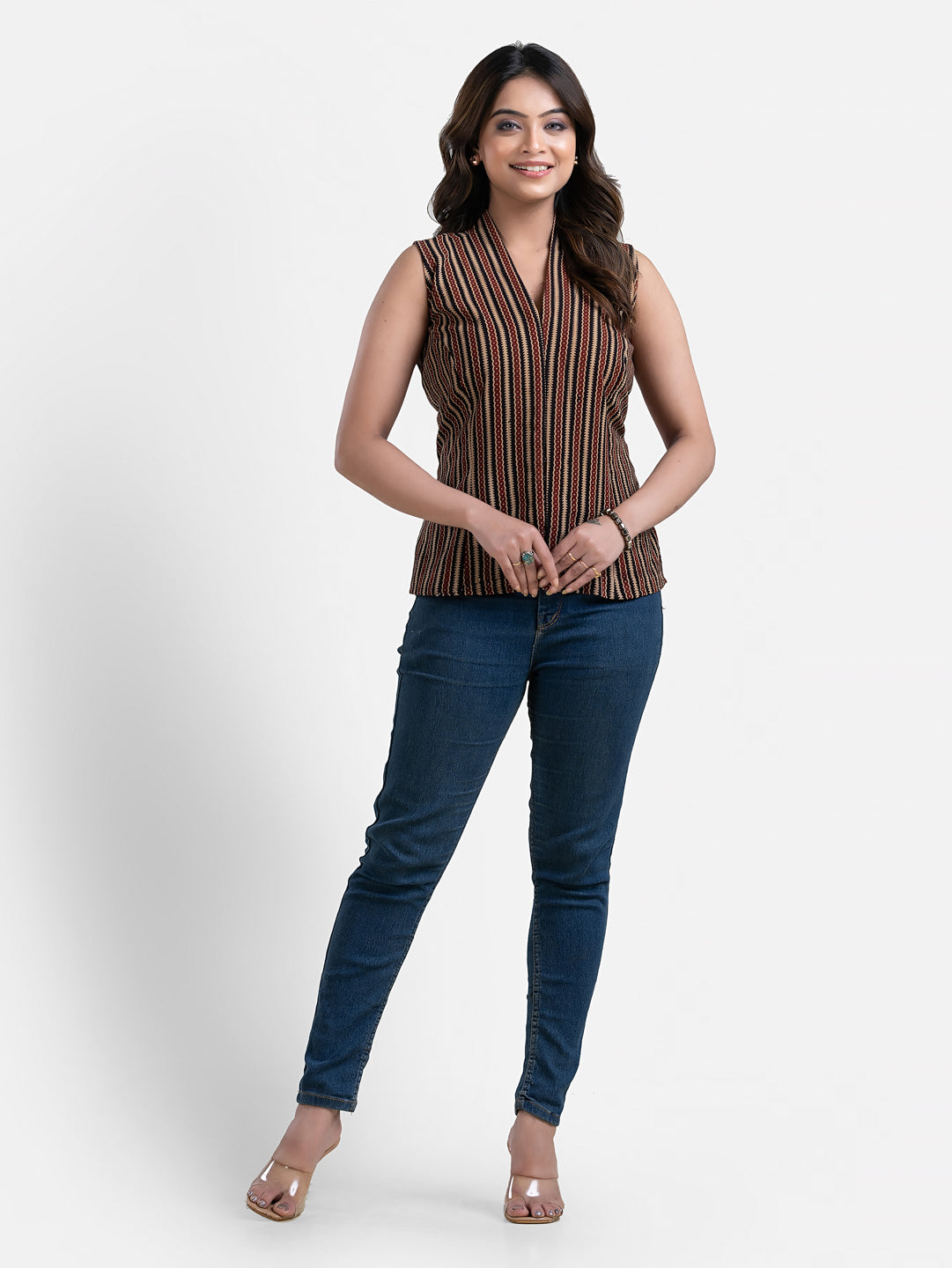 Women's V Neck Sleeveless Brown Cotton Top