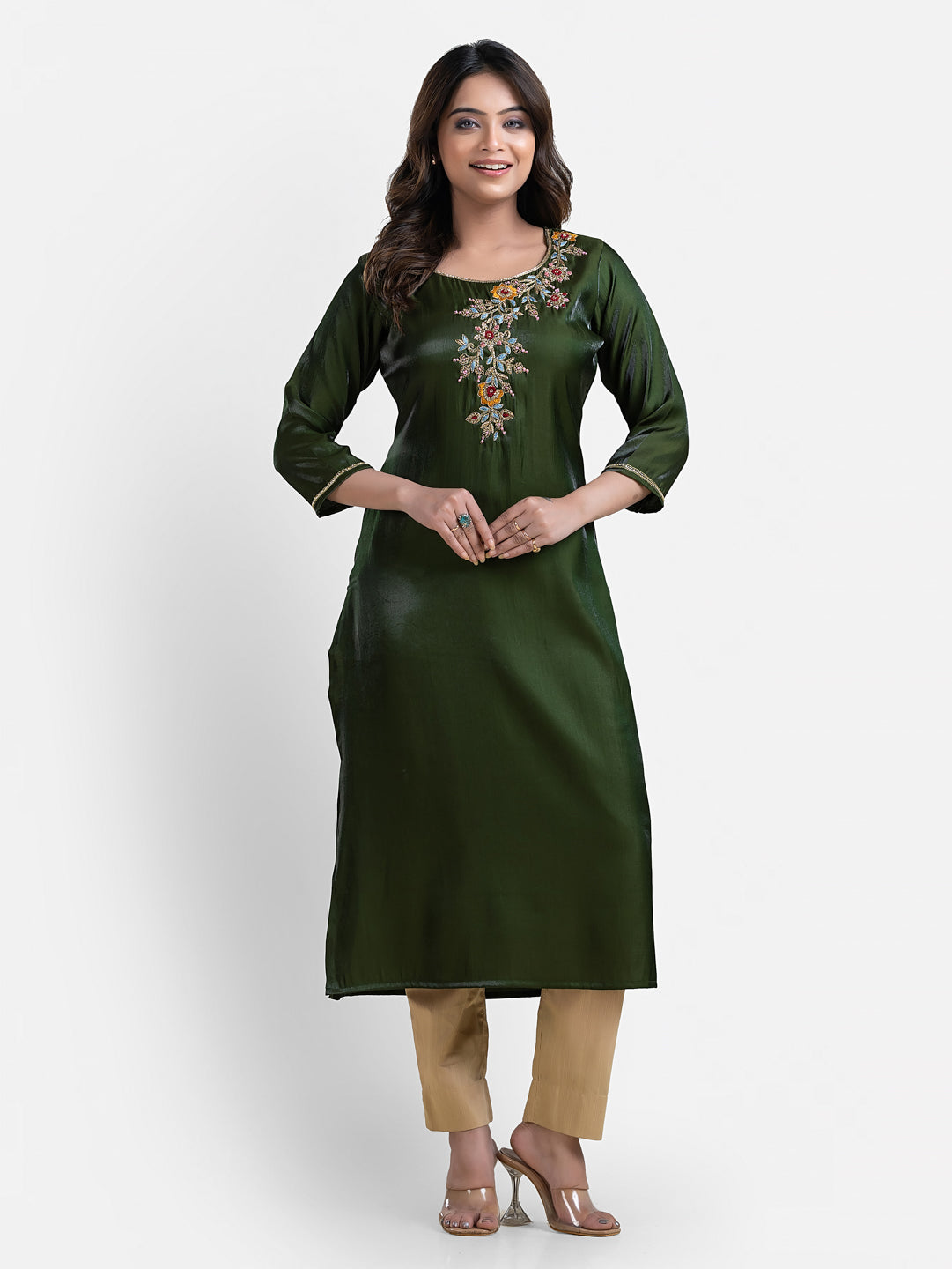 Women's 3/4 Th Sleeves Green Jori Work Kurta