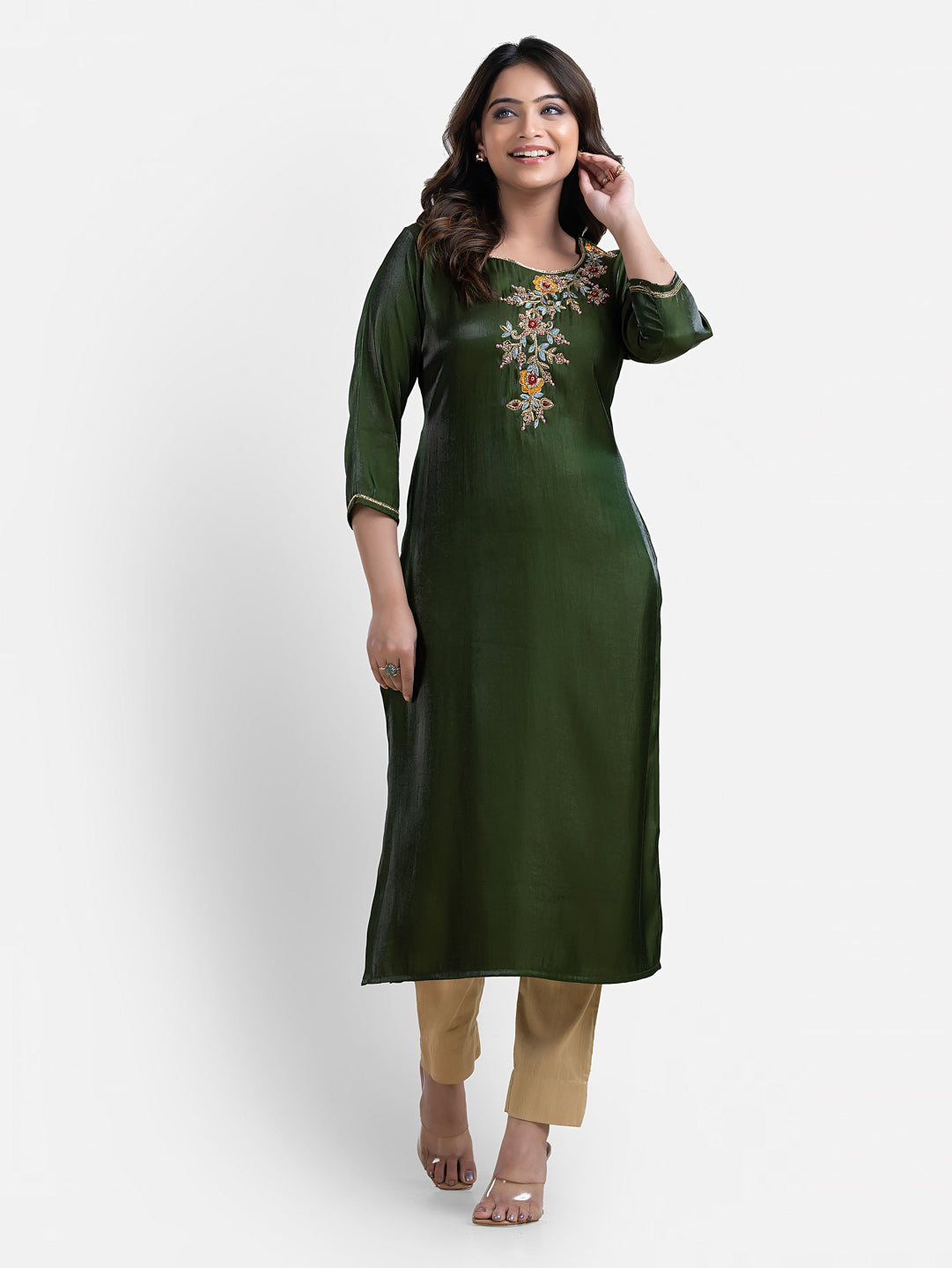 Women's 3/4 Th Sleeves Green Jori Work Kurta