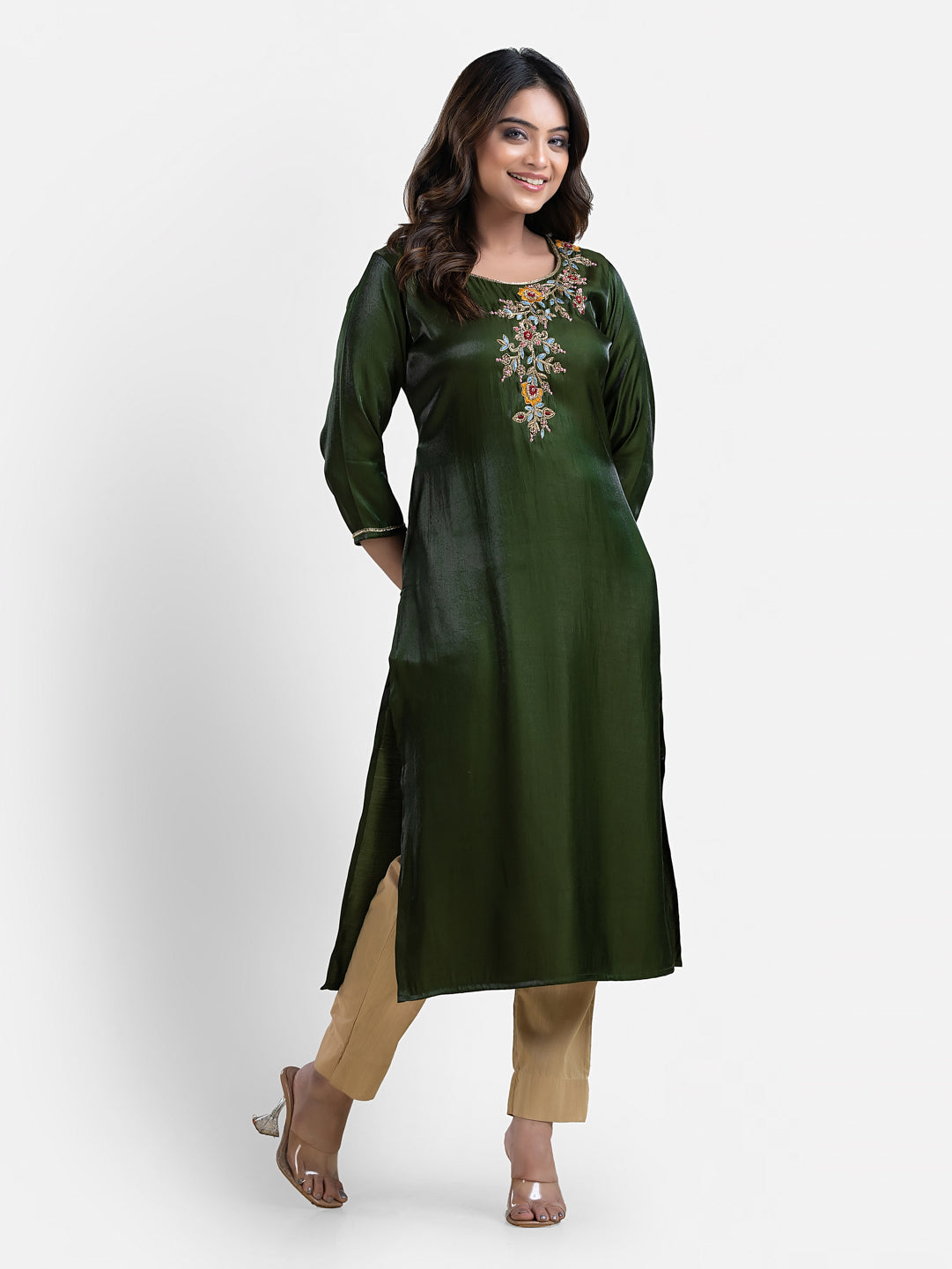 Women's 3/4 Th Sleeves Green Jori Work Kurta