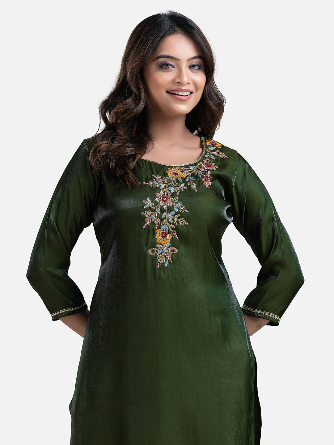 Women's 3/4 Th Sleeves Green Jori Work Kurta