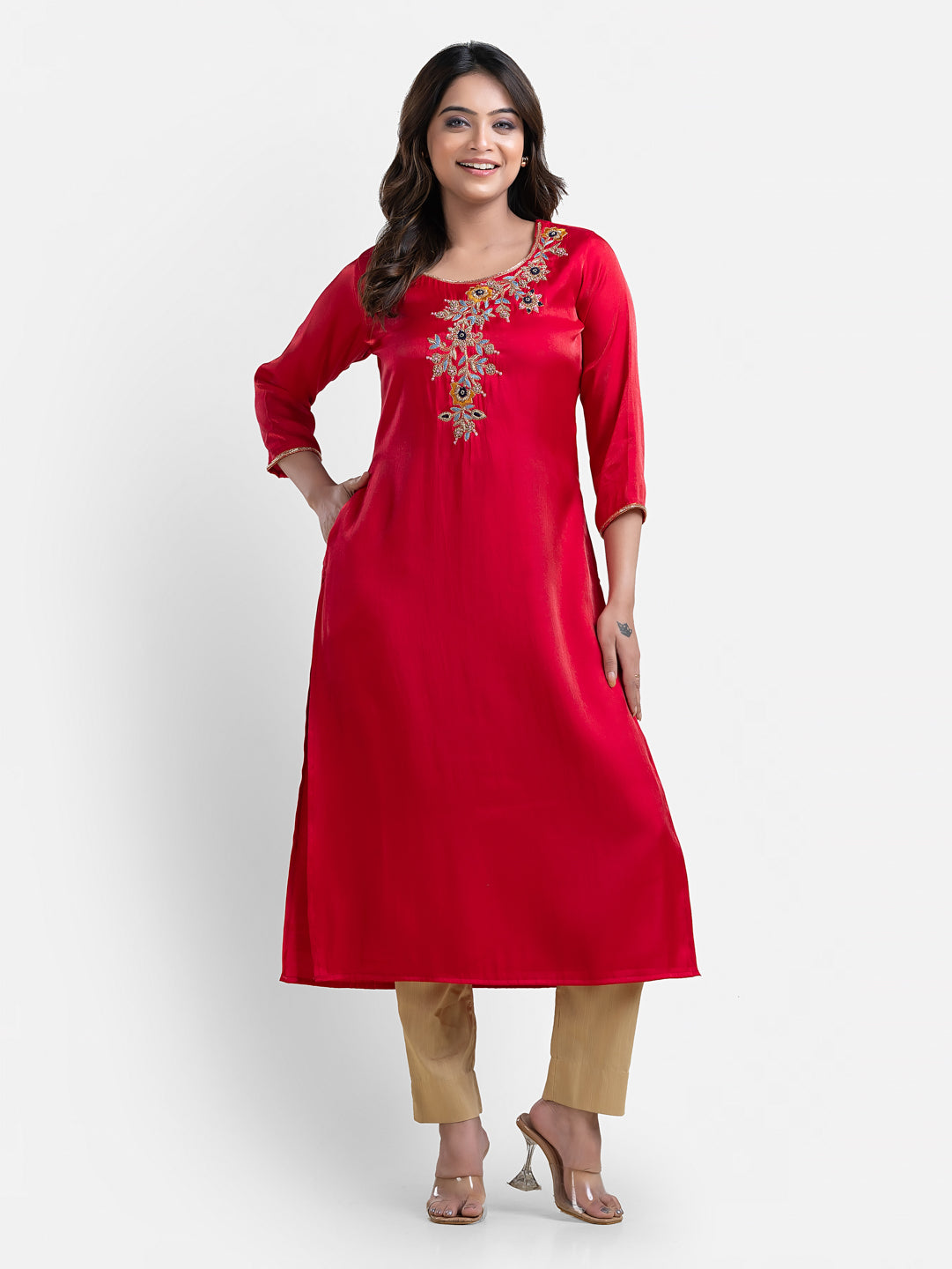 Women's 3/4 Th Sleeves Pink Jori Work Kurta