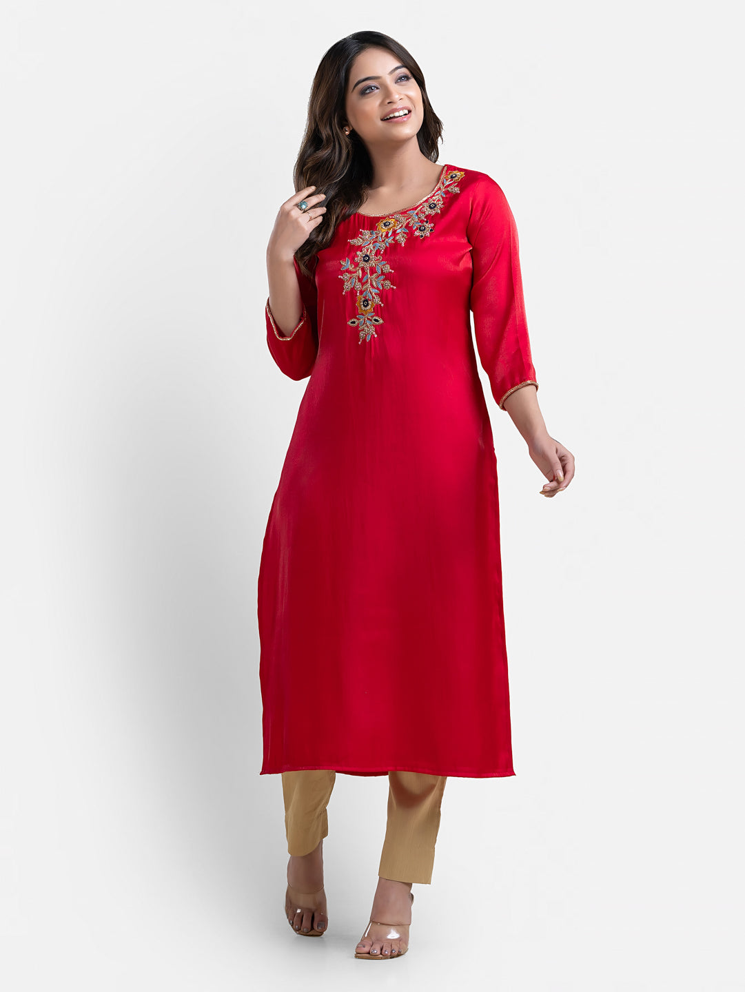 Women's 3/4 Th Sleeves Pink Jori Work Kurta