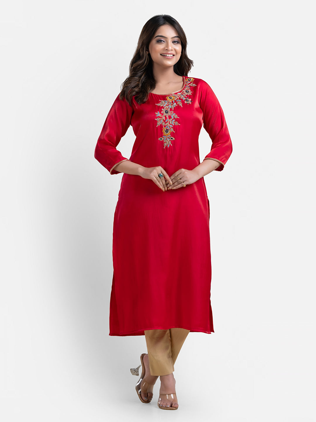 Women's 3/4 Th Sleeves Pink Jori Work Kurta