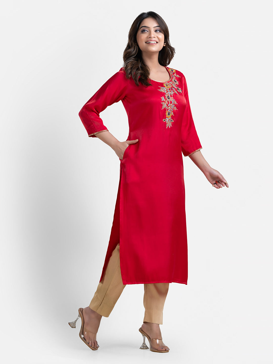 Women's 3/4 Th Sleeves Pink Jori Work Kurta