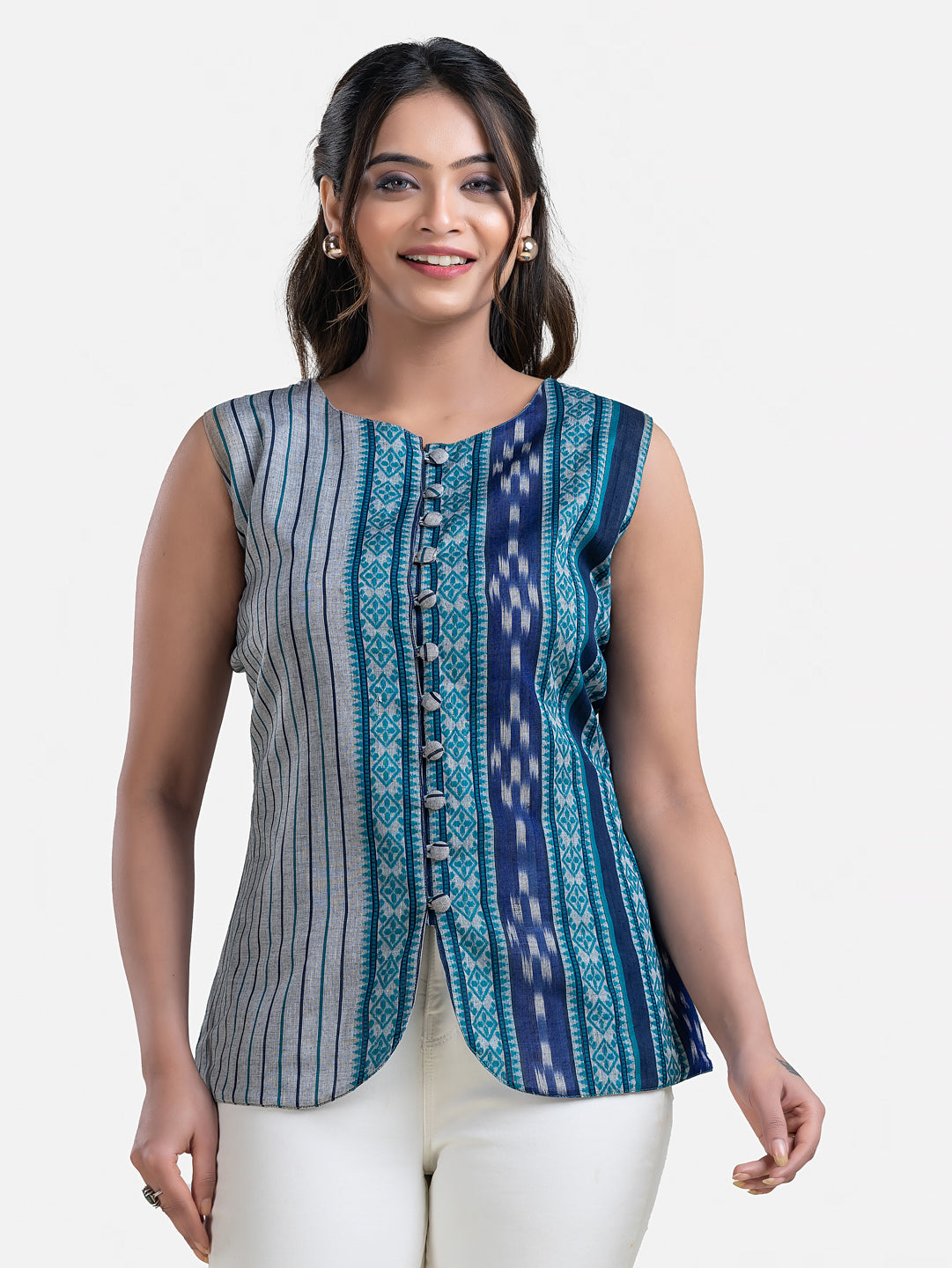 Women's Dhonekhali Blue Sleeveless Top by Crazy Needle Online, featuring lightweight fabric and sleeveless design for casual wear.