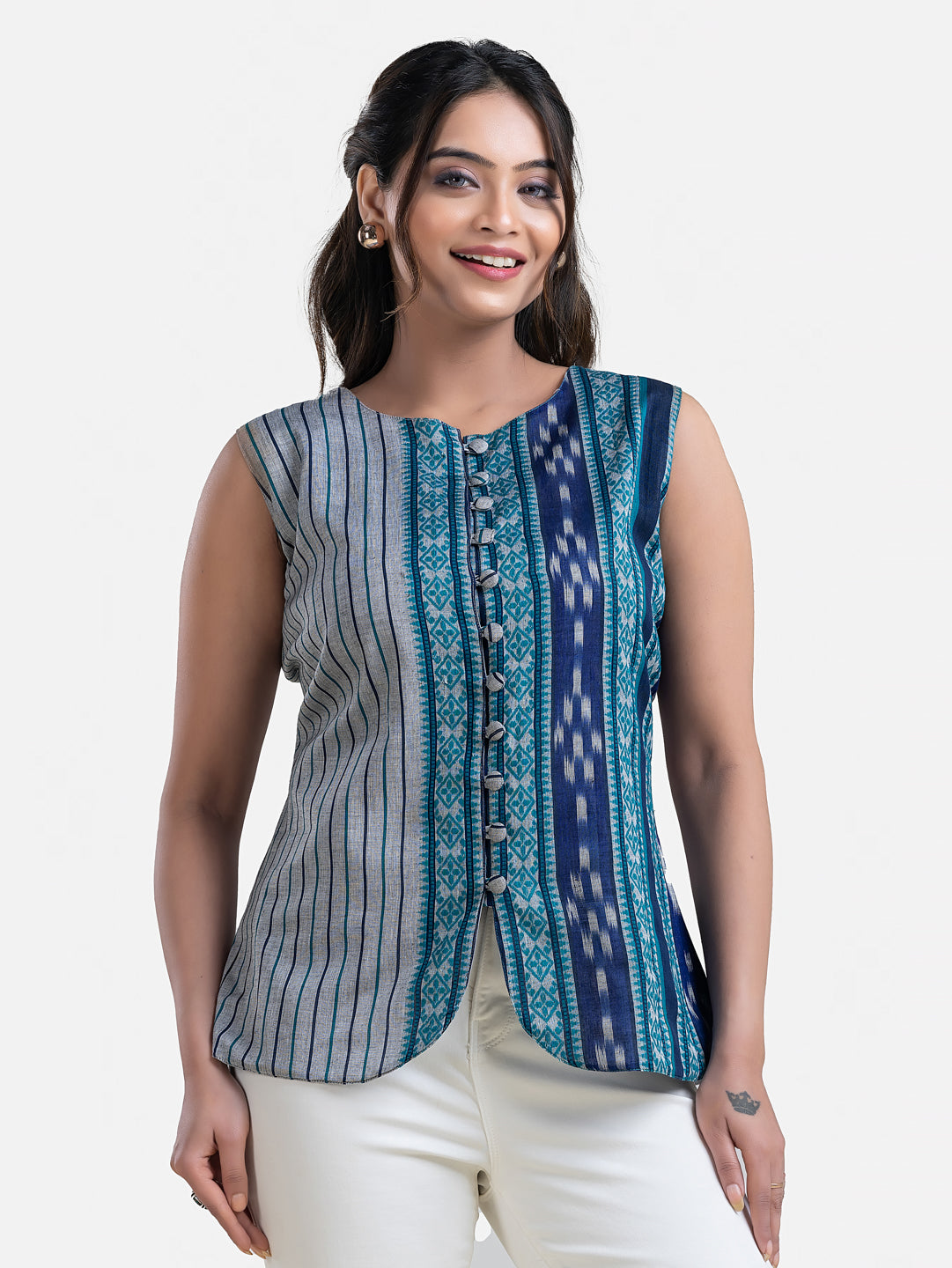 Women's Dhonekhali blue sleeveless top by Crazy Needle Online, showcasing lightweight fabric and casual style.