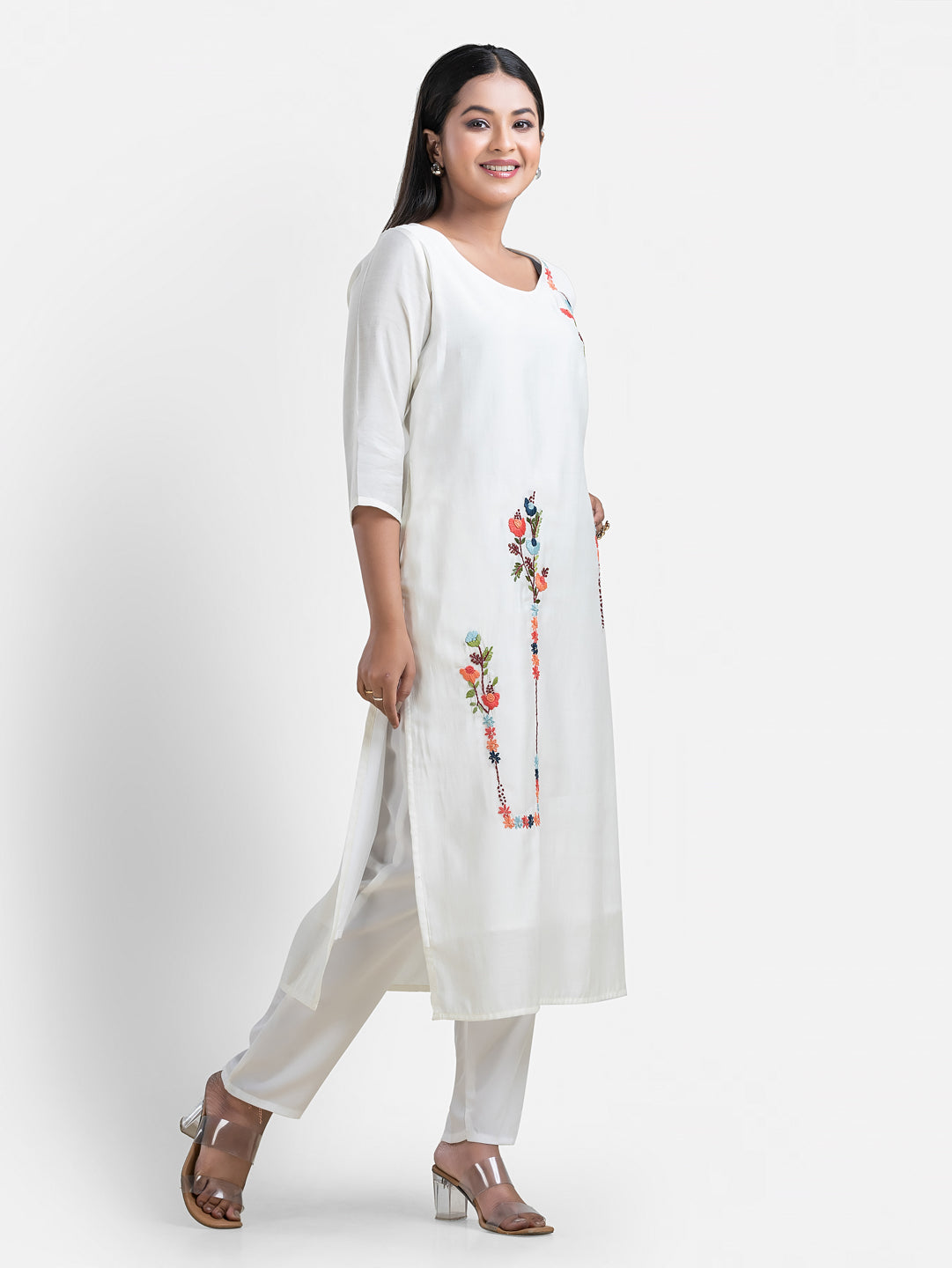 Women's 3/4 th sleeves Minimalistic Bloom White Kurti