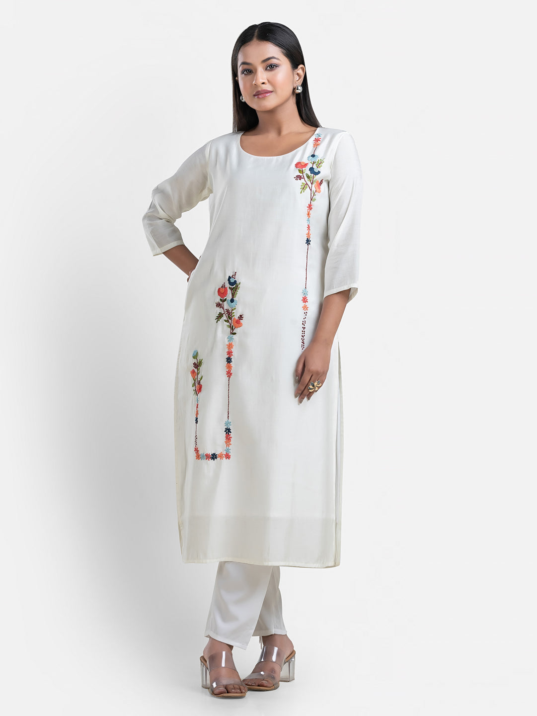 Women's 3/4 th sleeves Minimalistic Bloom White Kurti