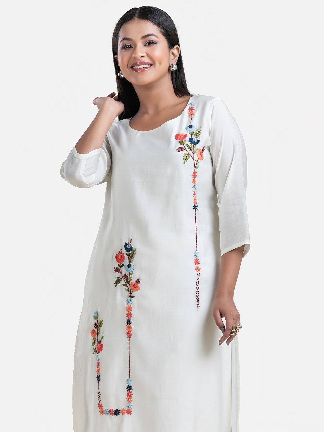 Women's 3/4 th sleeves Minimalistic Bloom White Kurti