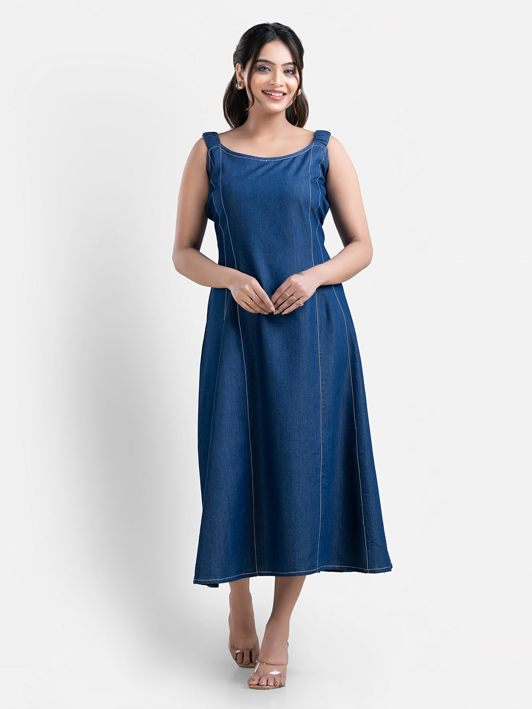 Women's sleeveless denim long dress by Crazy Needle Online, featuring a casual fit and classic denim fabric.