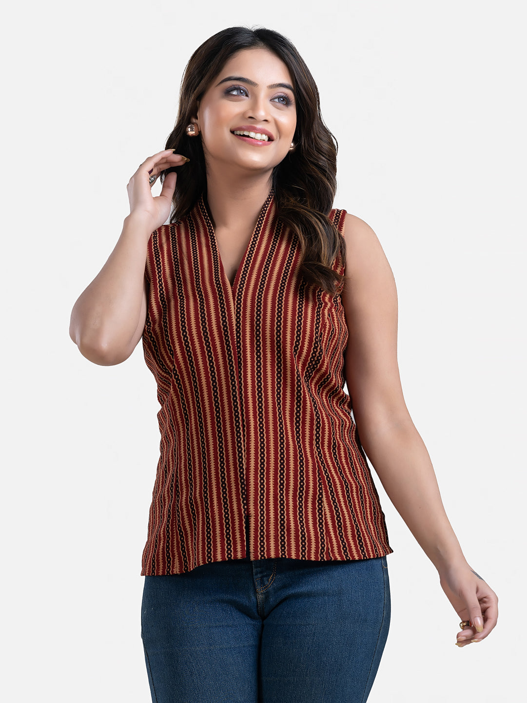 Women's V Neck Sleeveless Maroon Cotton Top