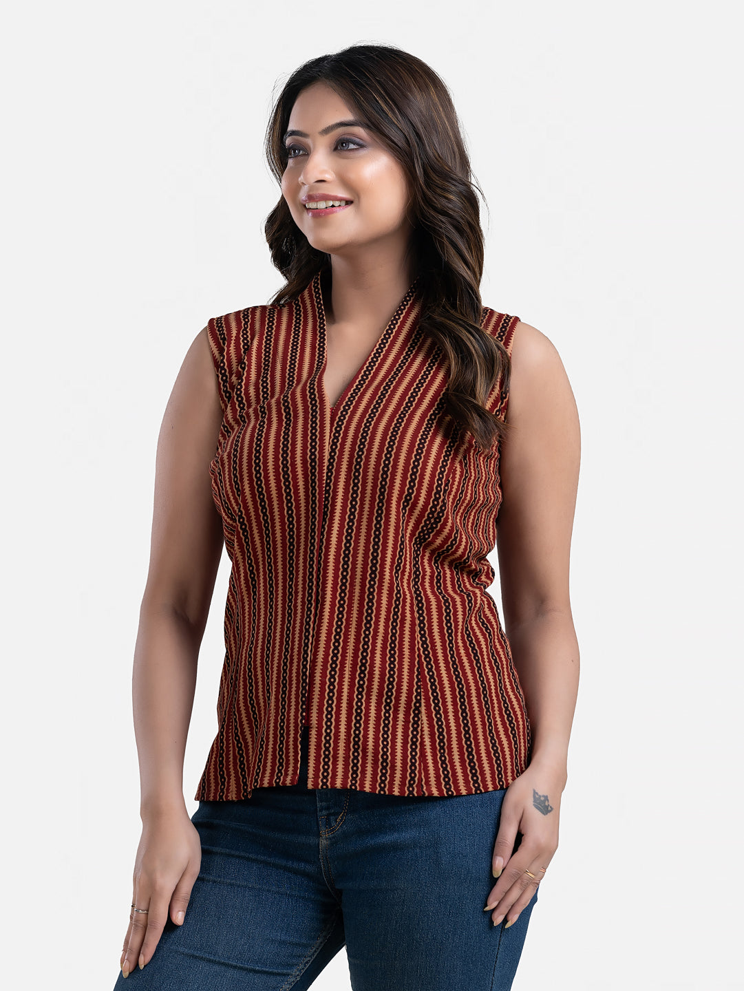 Women's V Neck Sleeveless Maroon Cotton Top