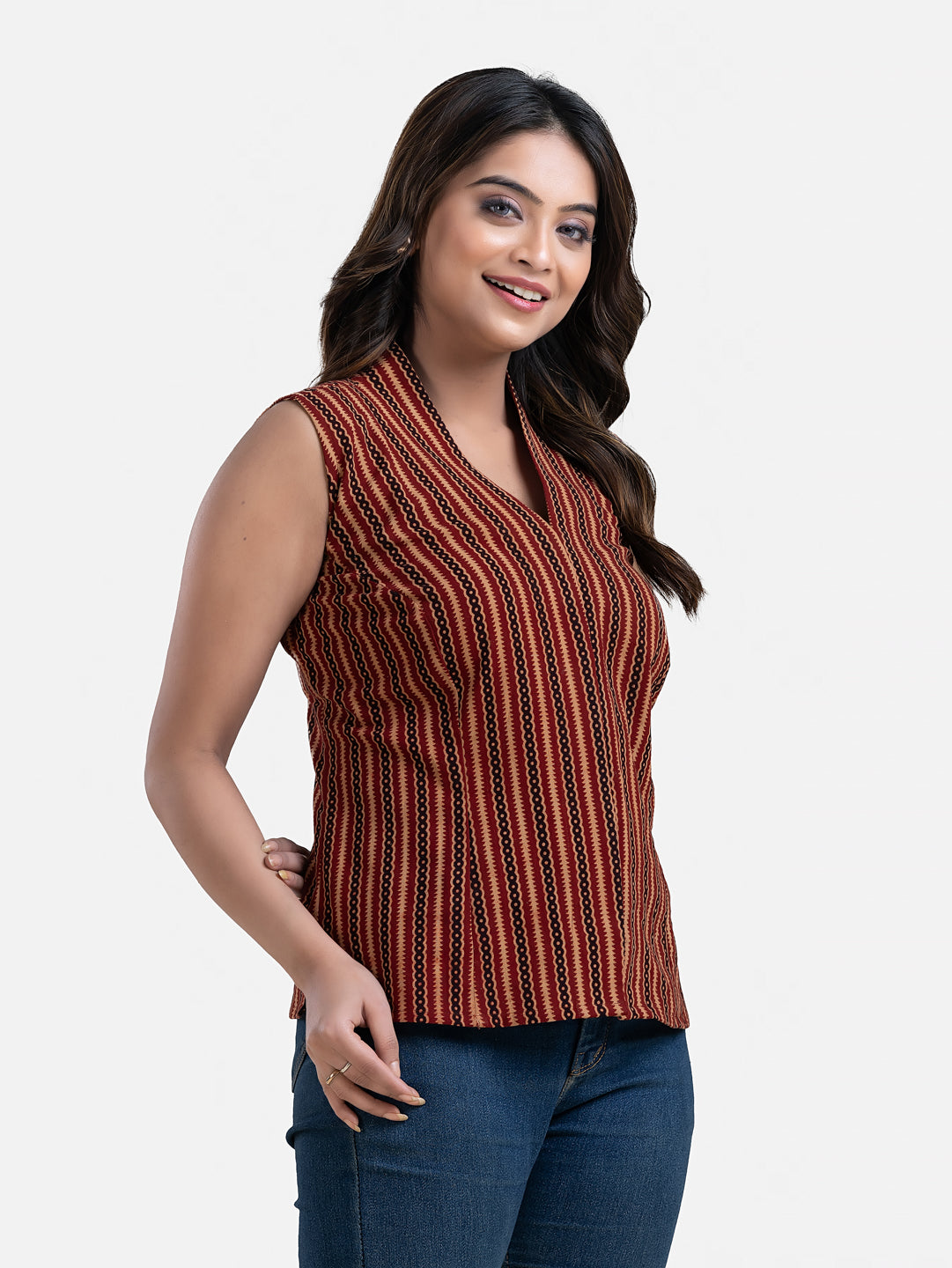 Women's V Neck Sleeveless Maroon Cotton Top