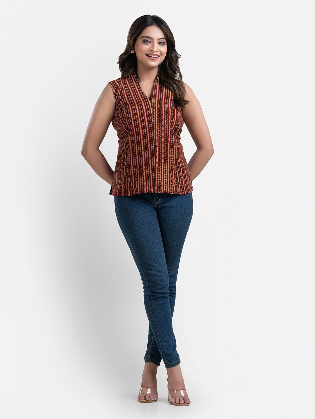 Women's V Neck Sleeveless Maroon Cotton Top