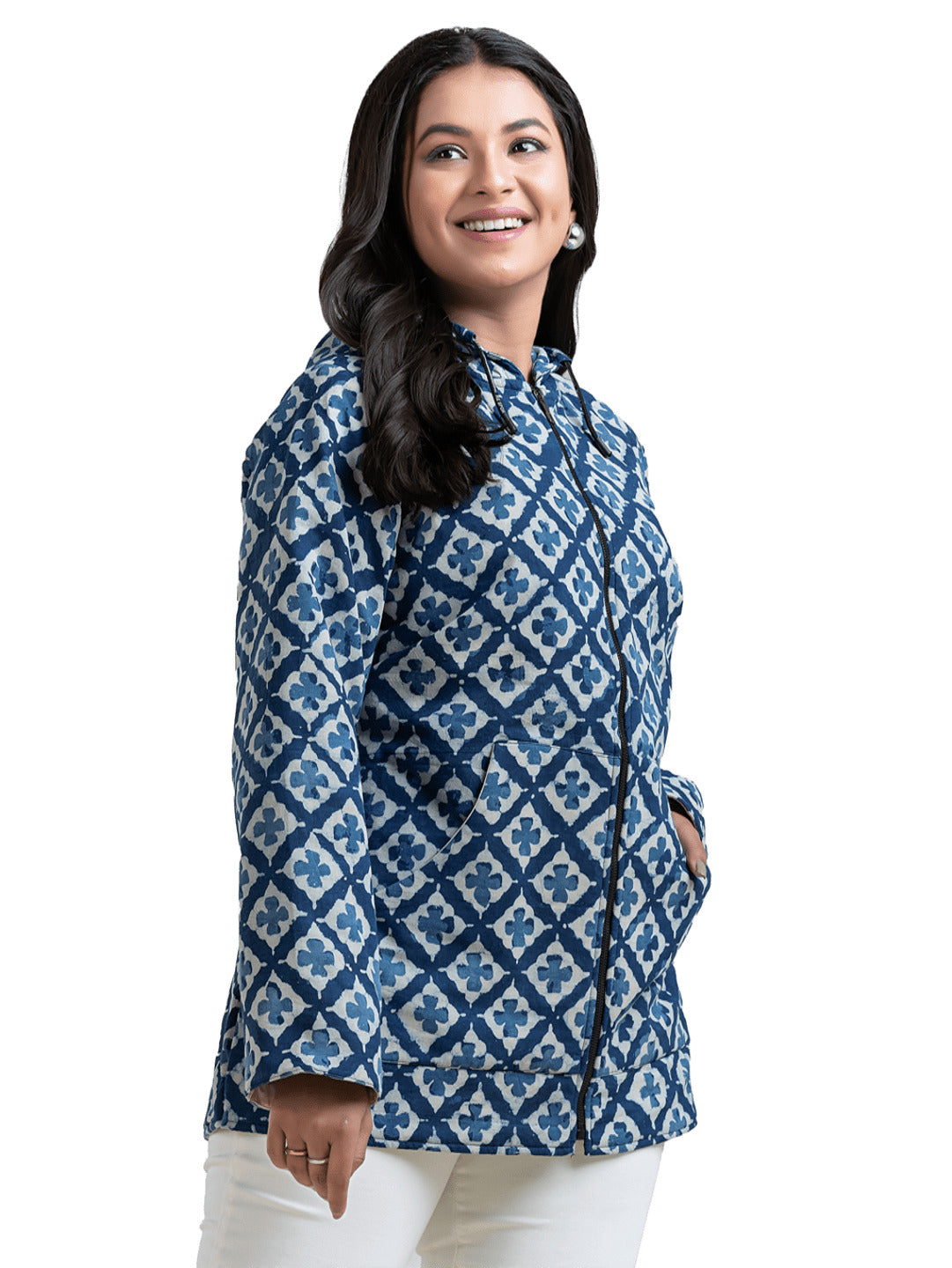 Women's Blue Cotton Hooded Jacket - Crazy Needle Online