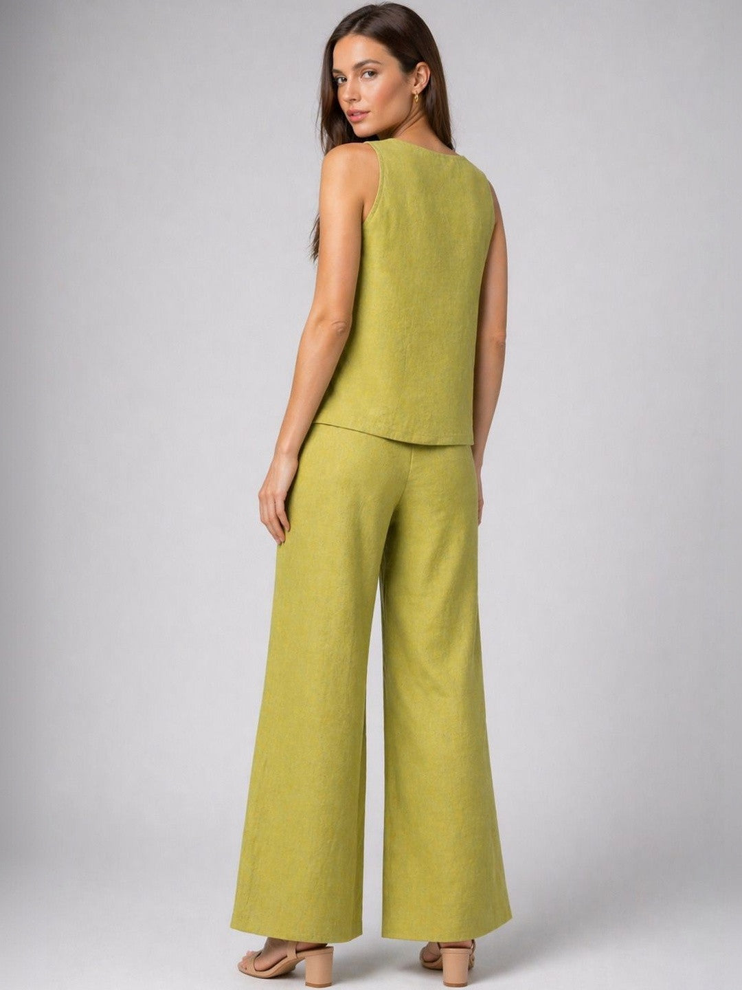 Women’s green embroidered co-ord set featuring a sleeveless top and wide-leg pants by Crazy Needle Online.