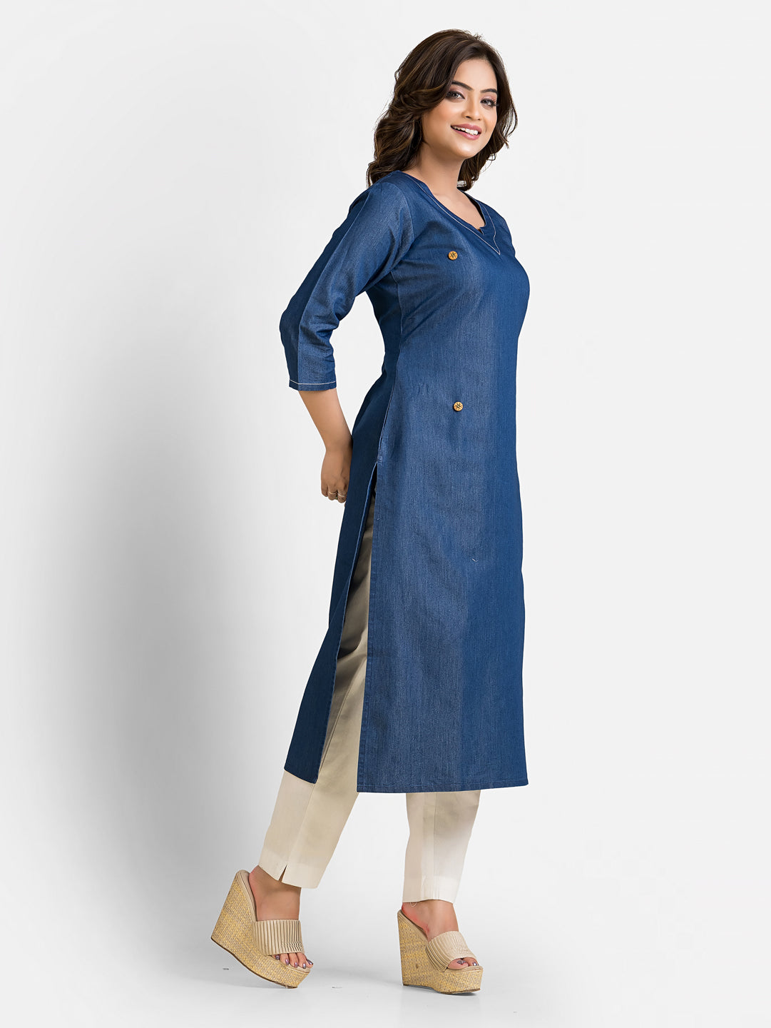 Women's Denim Kurta With White Neckline