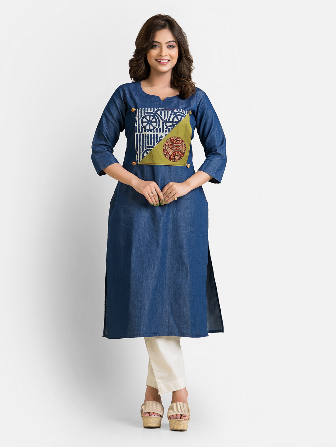 Women's 3/4 Sleeves Detachable Patchwork Denim Blue Kurta