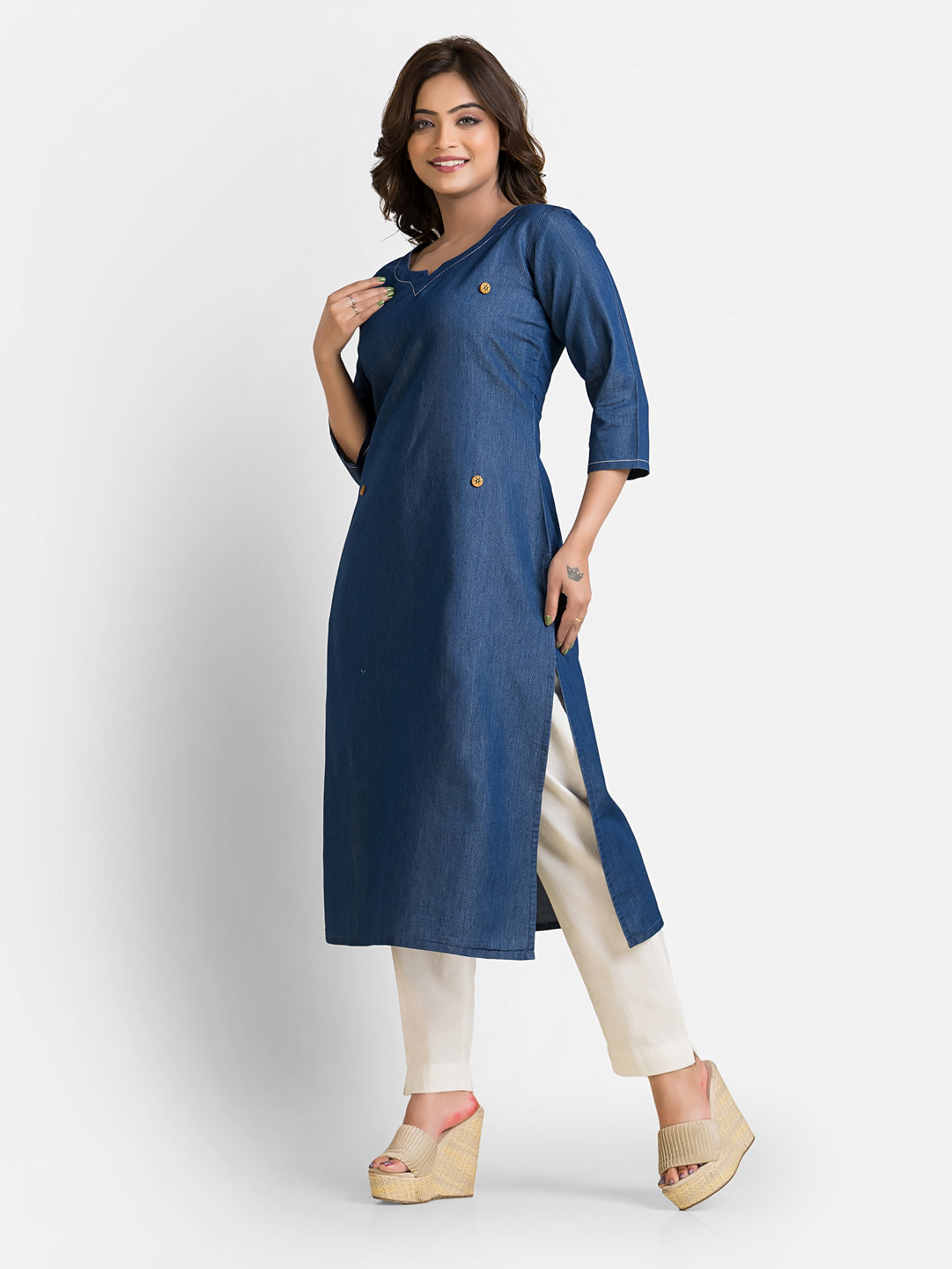 Women's Denim Kurta With White Neckline