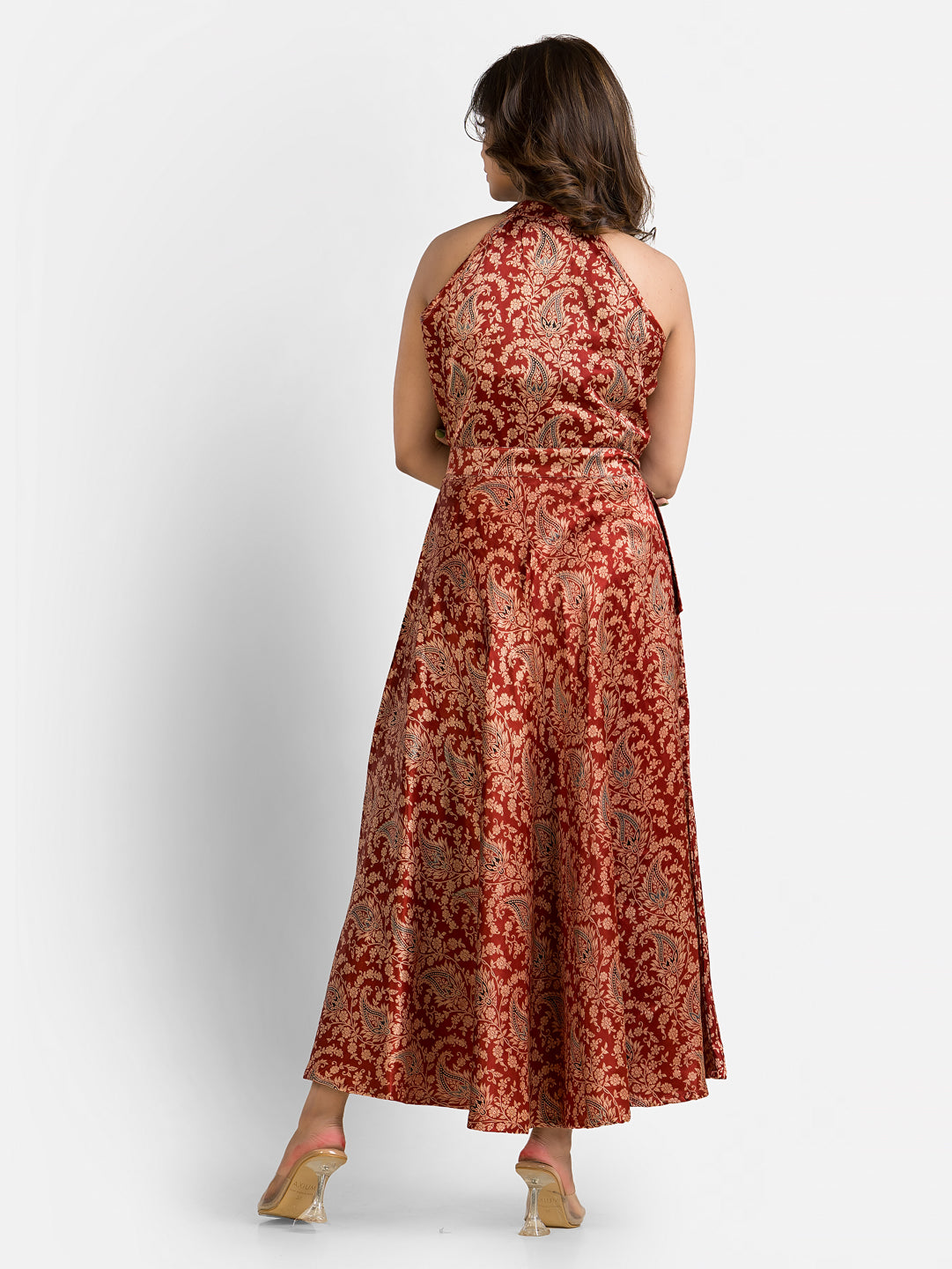 Women's Halterneck Red Mashru Silk Dress