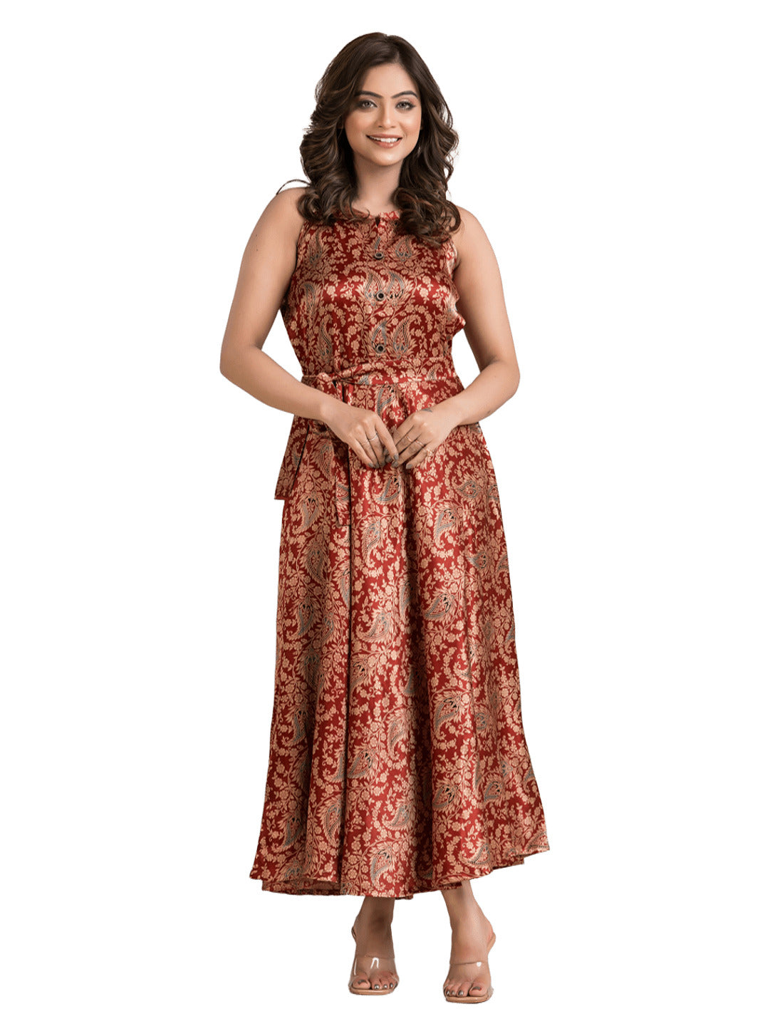 Women's Halterneck Red Mashru Silk Dress
