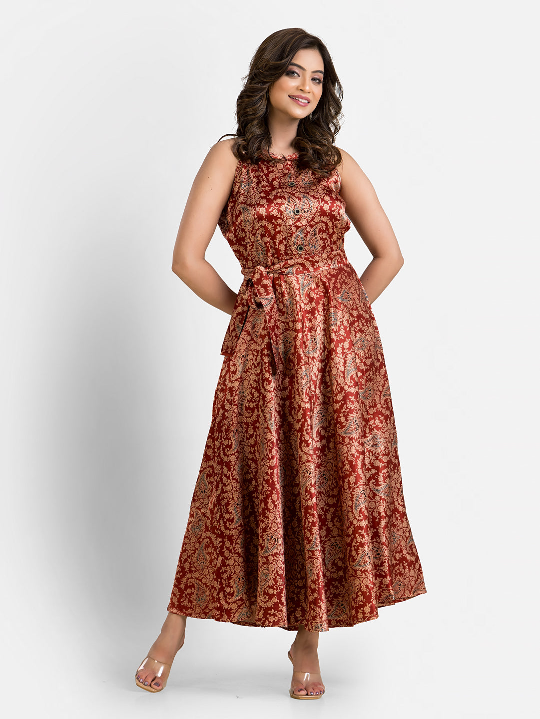Women's Halterneck Red Mashru Silk Dress