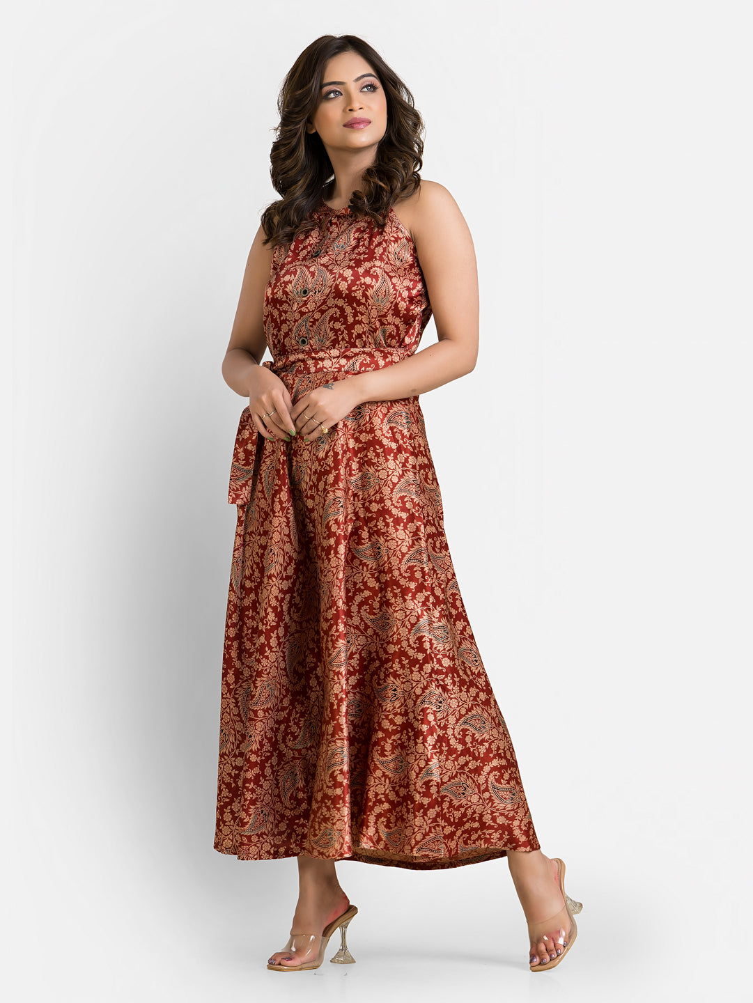 Women's Halterneck Red Mashru Silk Dress
