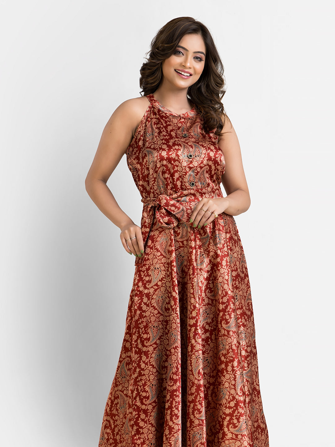 Women's Halterneck Red Mashru Silk Dress
