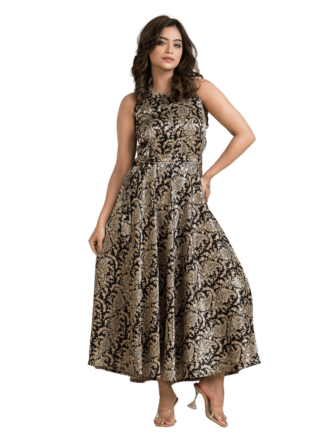 Women's Halterneck Black Mashru Silk Dress