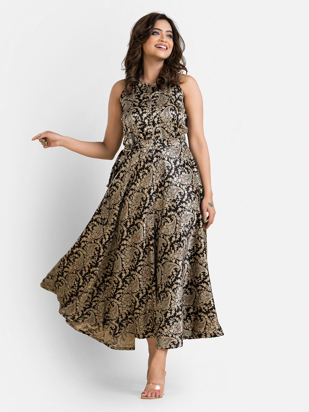 Women's Halterneck Black Mashru Silk Dress