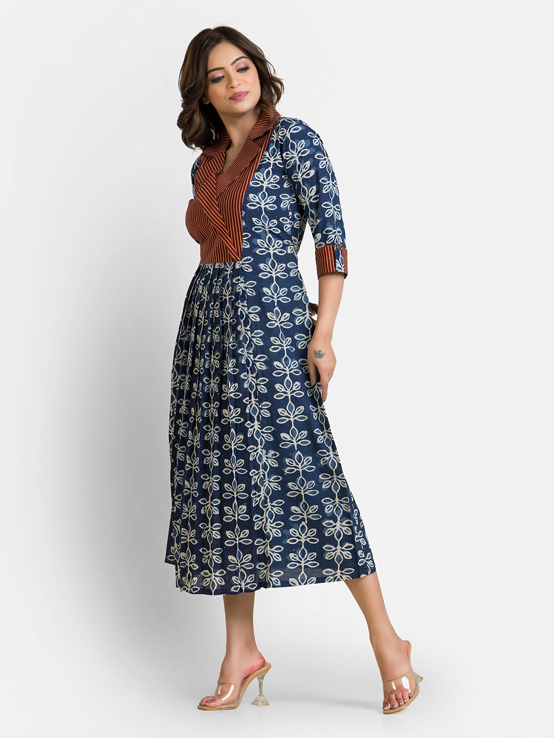 Women's Handblock Print Navy Coat Collar Dress