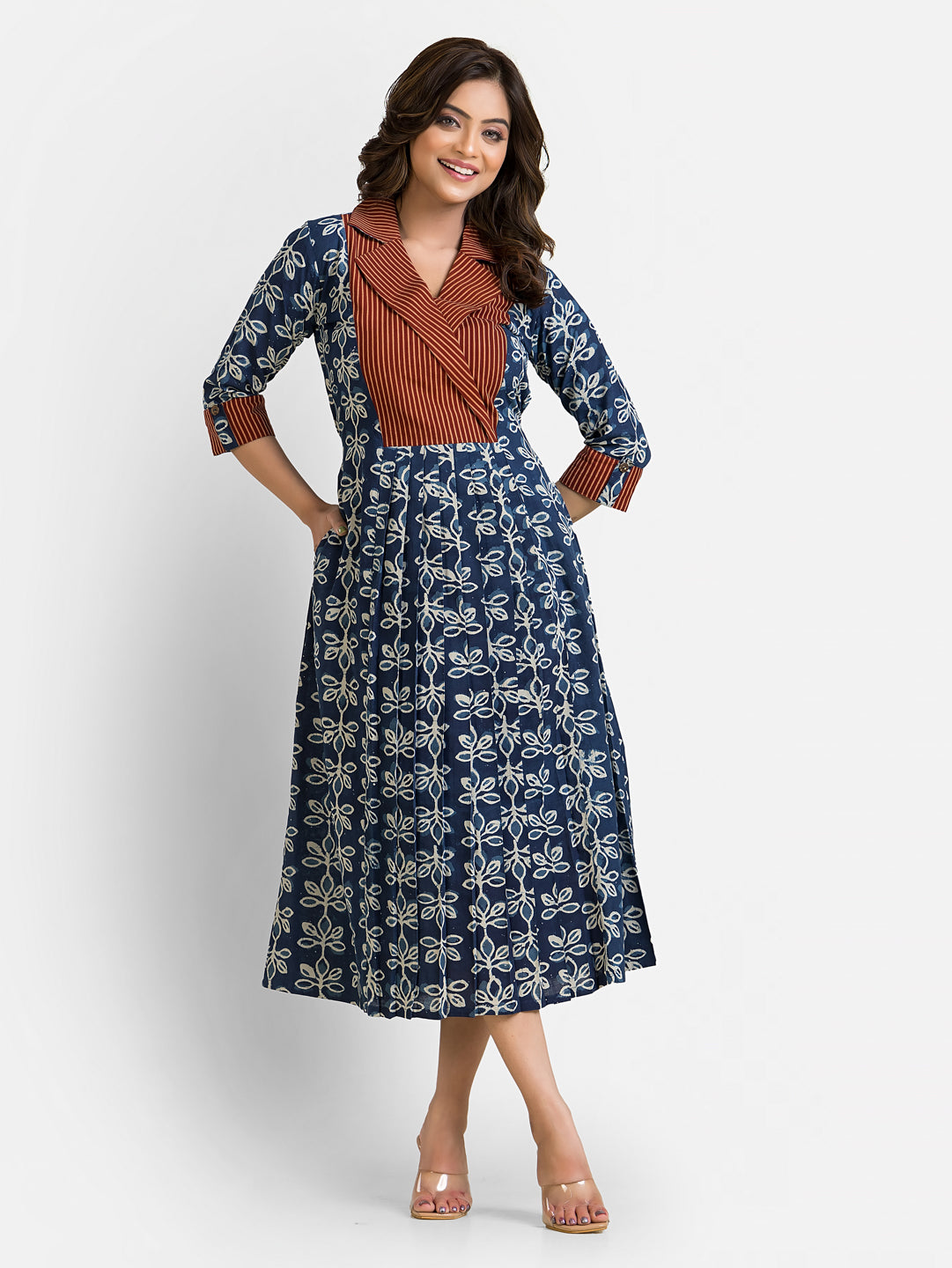 Women's Handblock Print Navy Coat Collar Dress