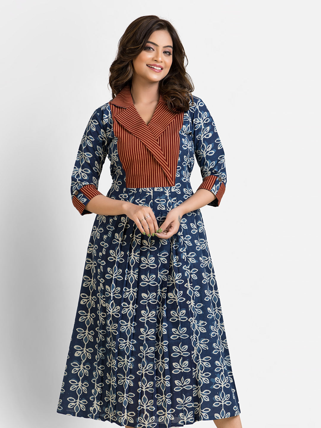 Women's Handblock Print Navy Coat Collar Dress