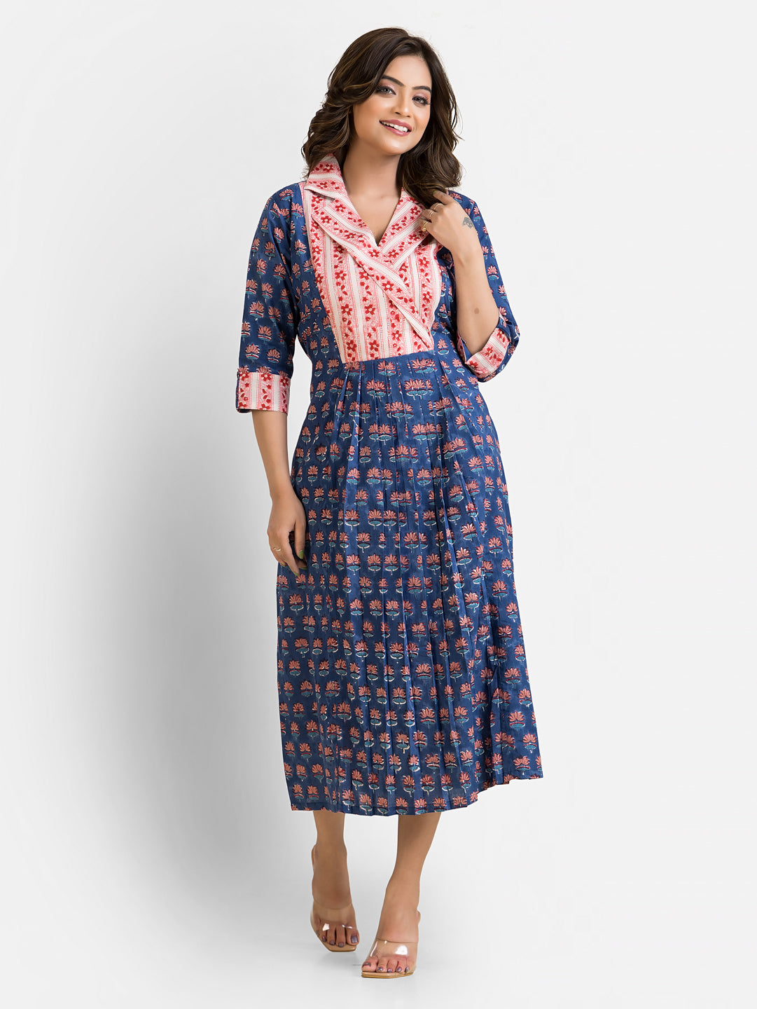 Women's Sanganeri Print Blue Coat Collar Dress