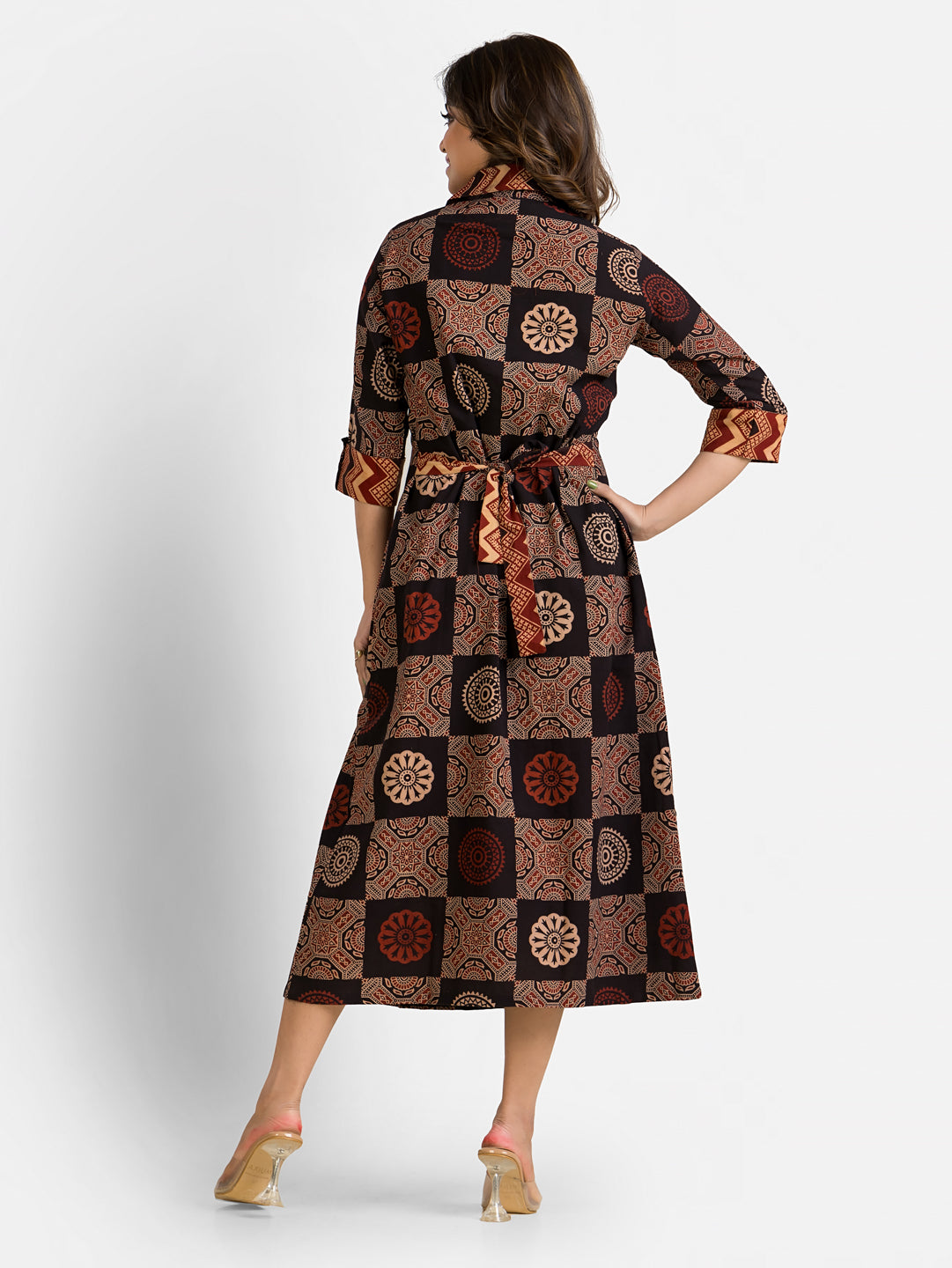 Women's Handblock Print Brown Coat Collar Dress